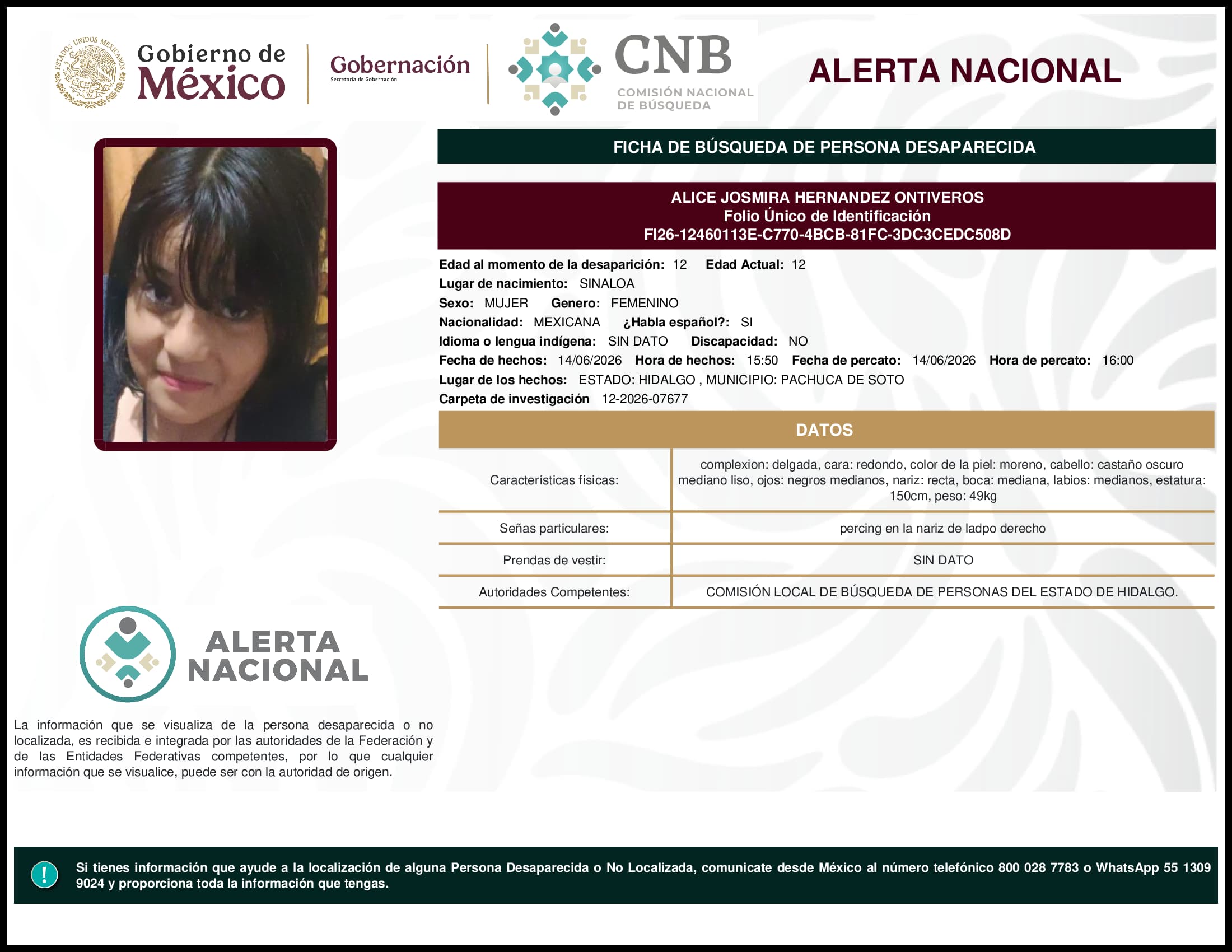 Persona desaparecida Alice Josmira Hernandez Ontiveros