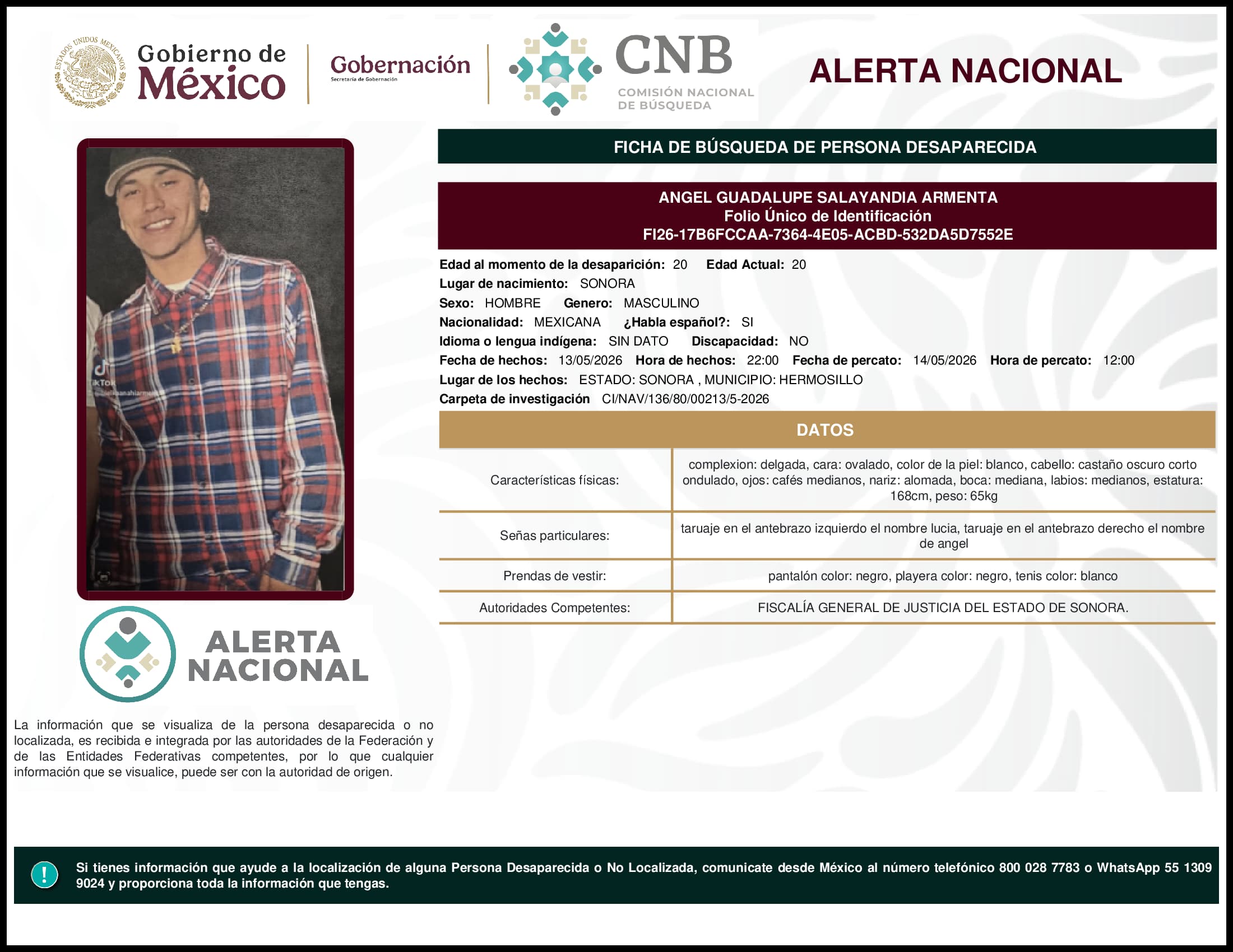 Persona desaparecida Angel Guadalupe Salayandia Armenta