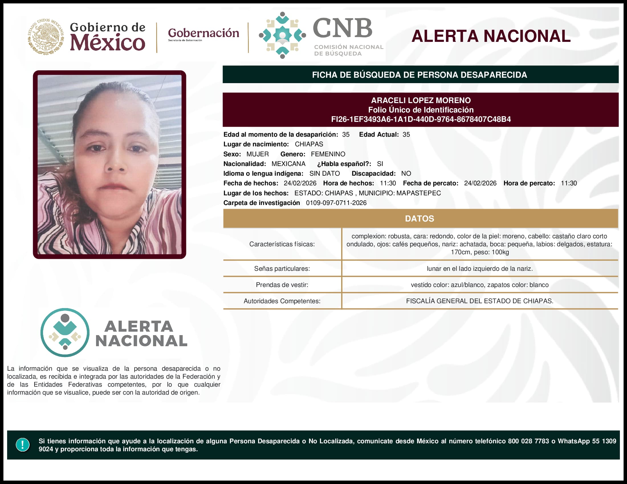 Persona desaparecida Araceli Lopez Moreno