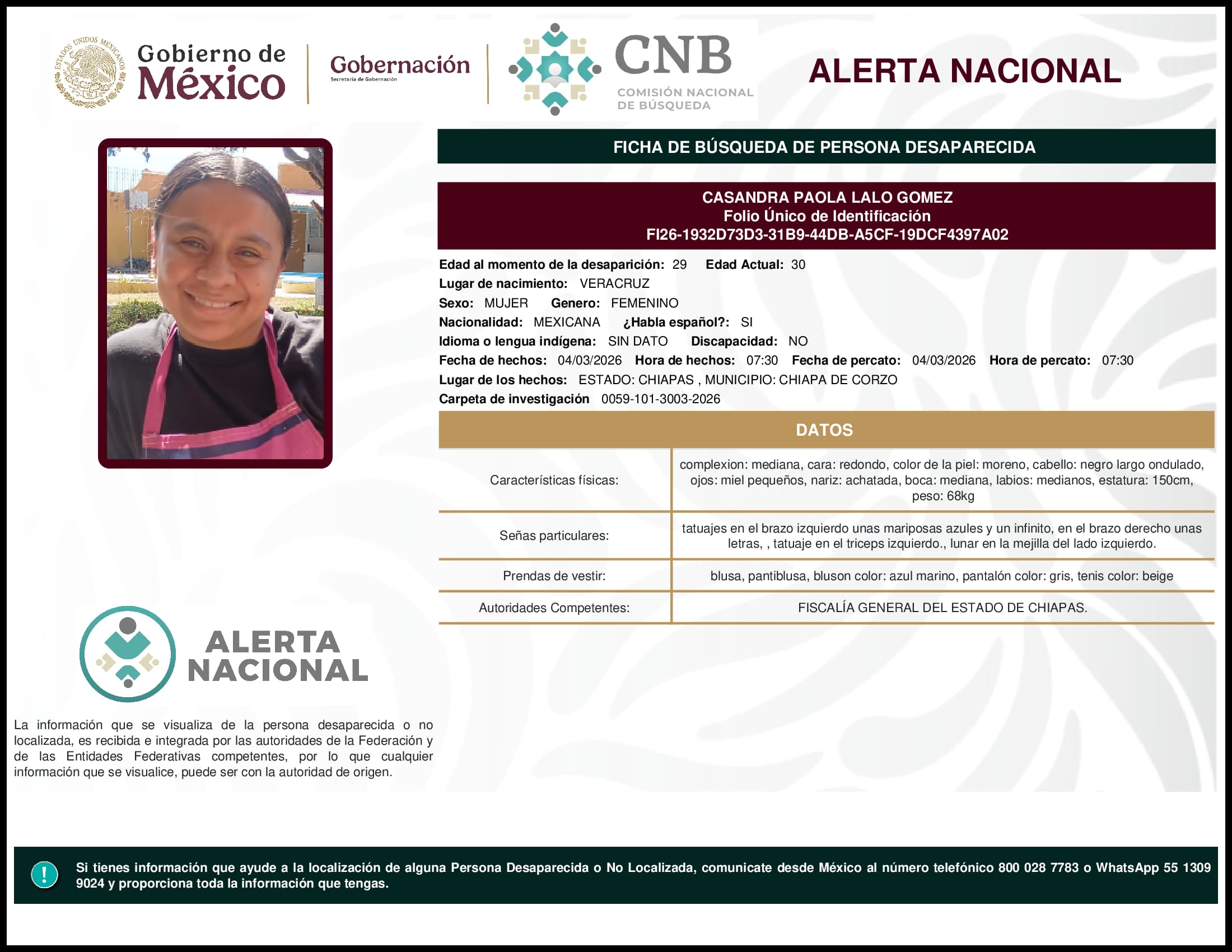 Persona desaparecida Casandra Paola Lalo Gomez