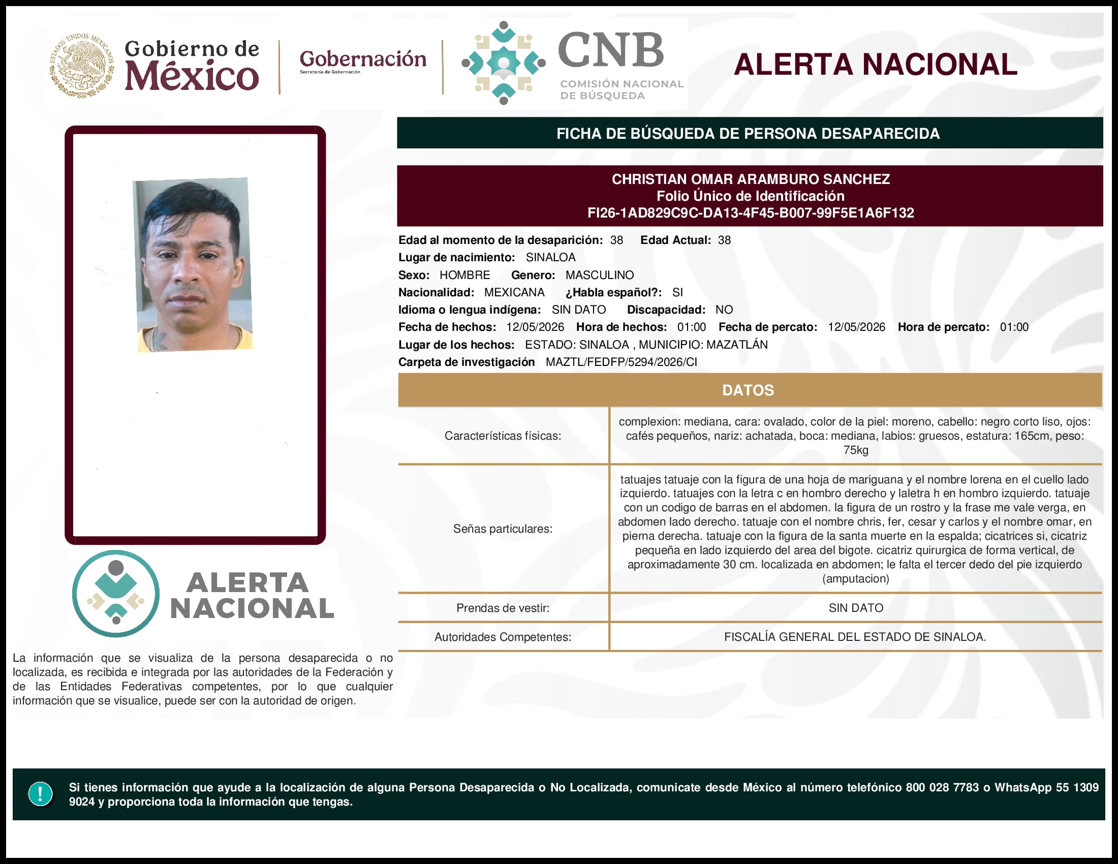 Persona desaparecida Christian Omar Aramburo Sanchez