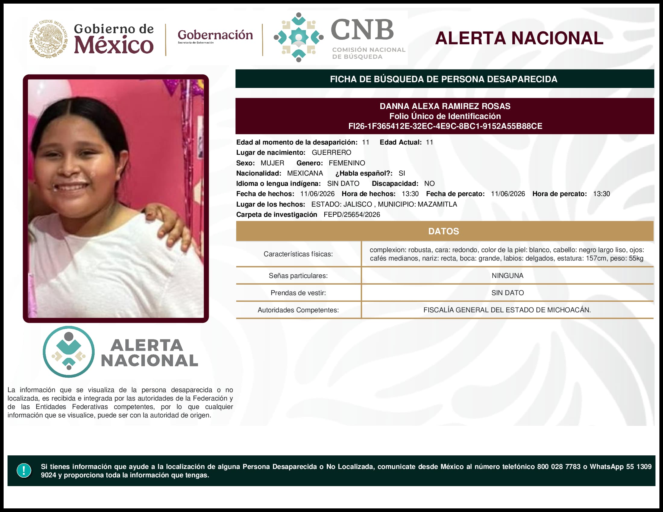 Persona desaparecida Danna Alexa Ramirez Rosas
