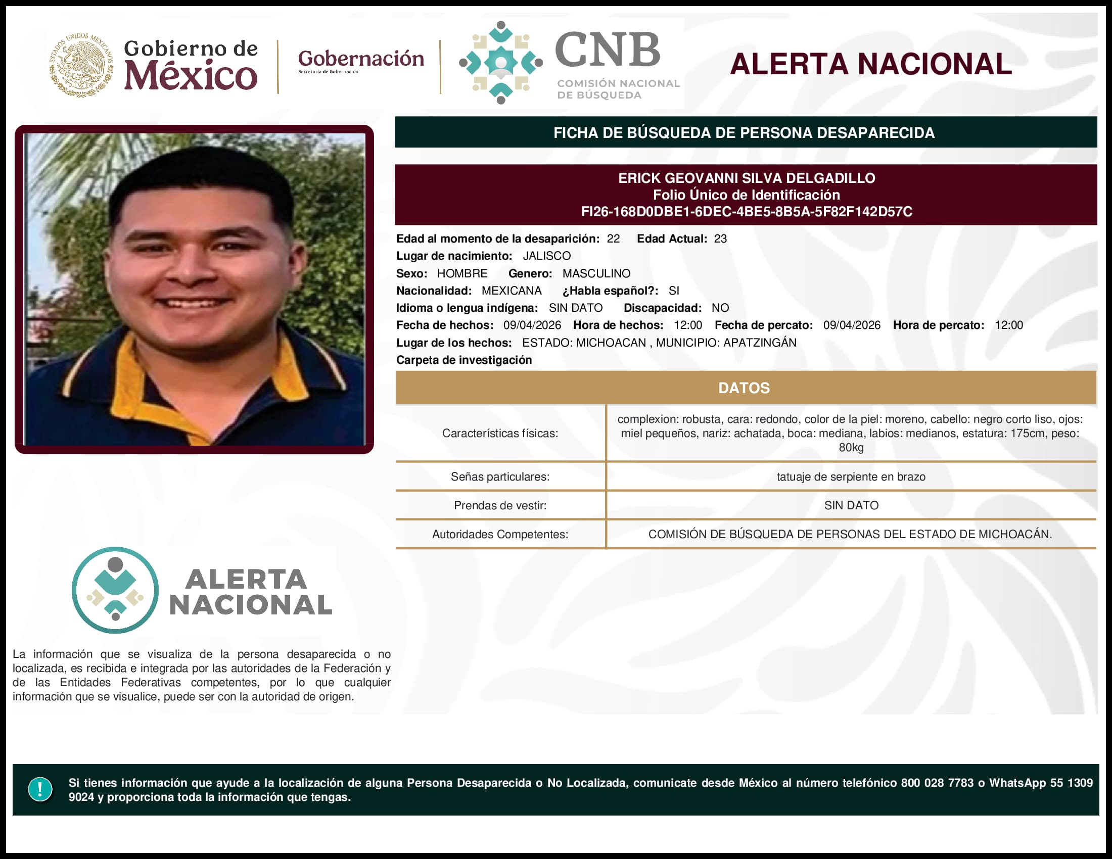 Persona desaparecida Erick Geovanni Silva Delgadillo