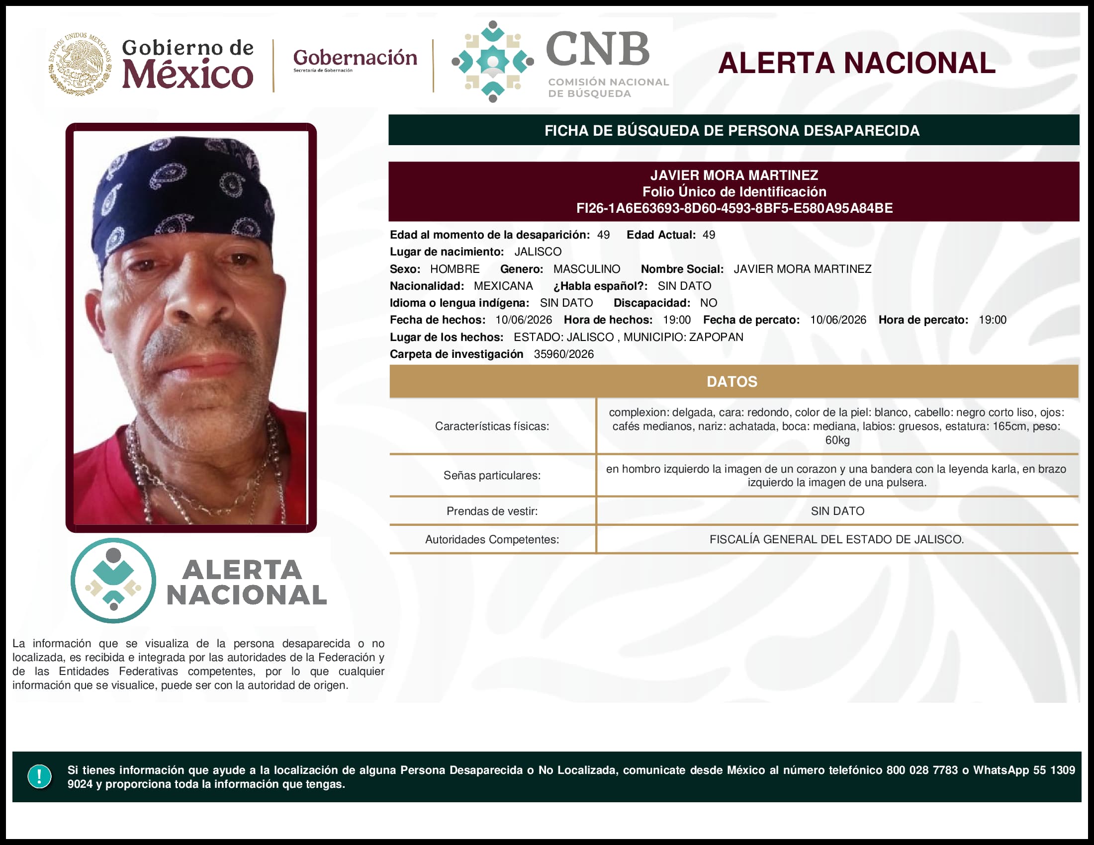 Persona desaparecida Javier Mora Martinez