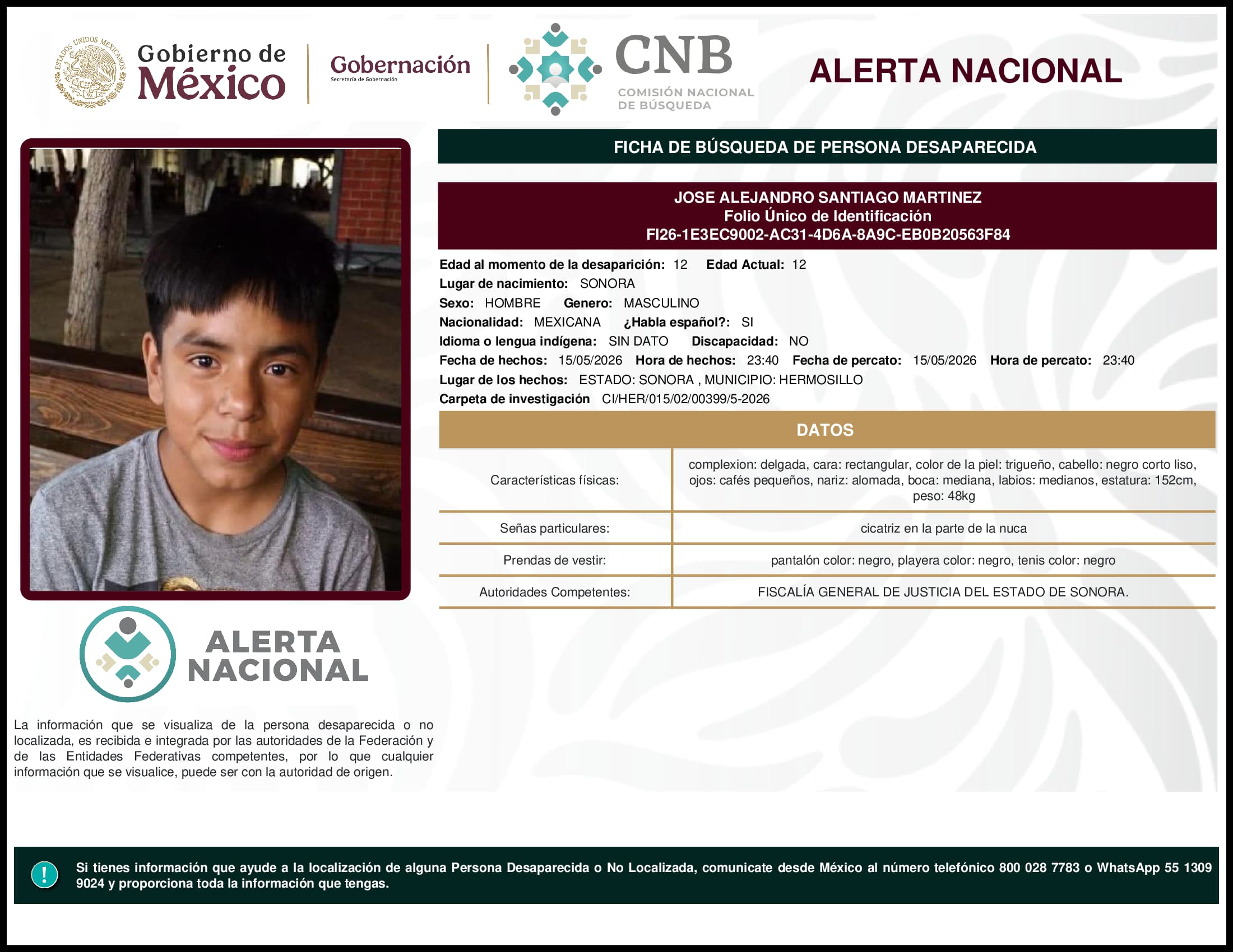Persona desaparecida Jose Alejandro Santiago Martinez