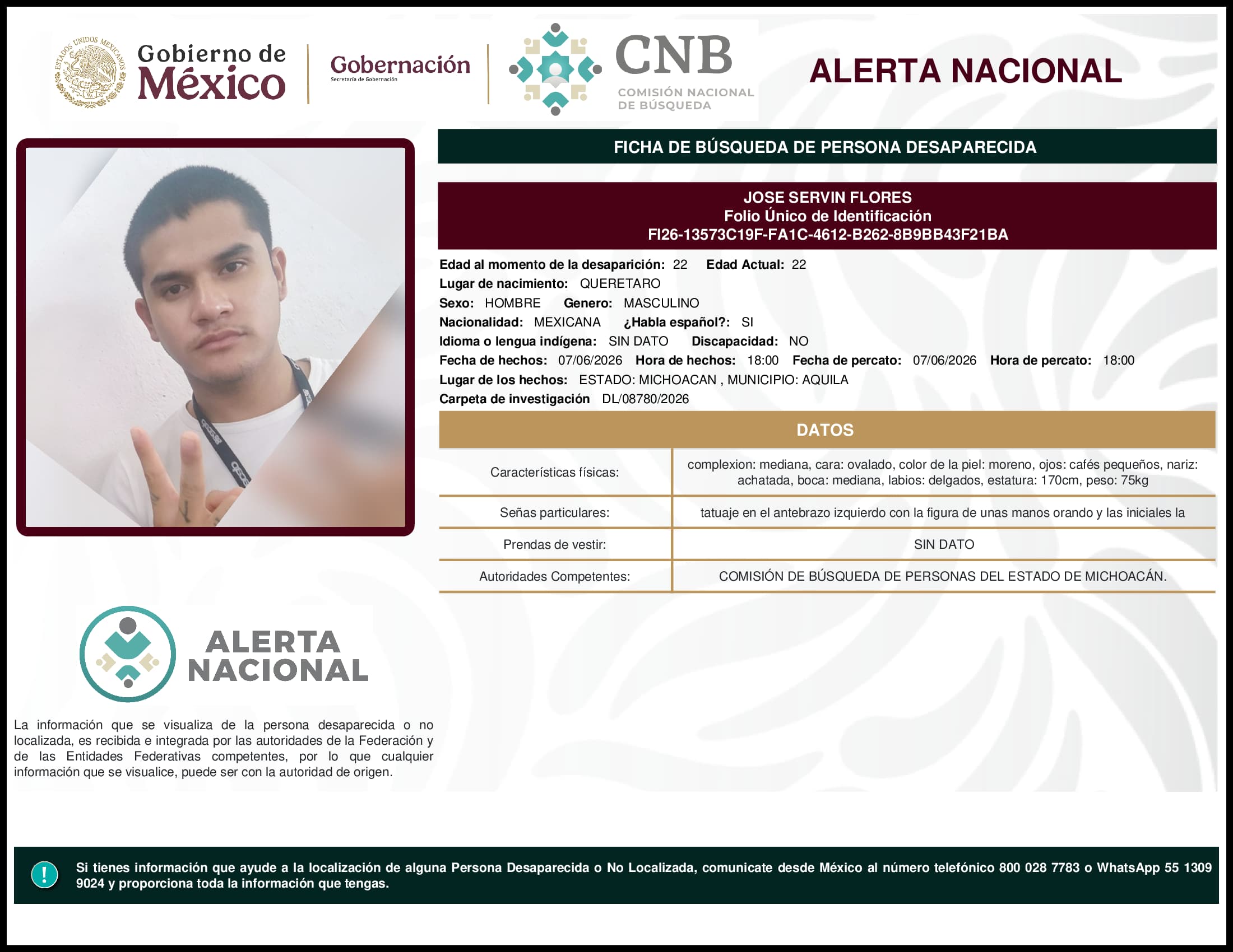Persona desaparecida Jose Servin Flores