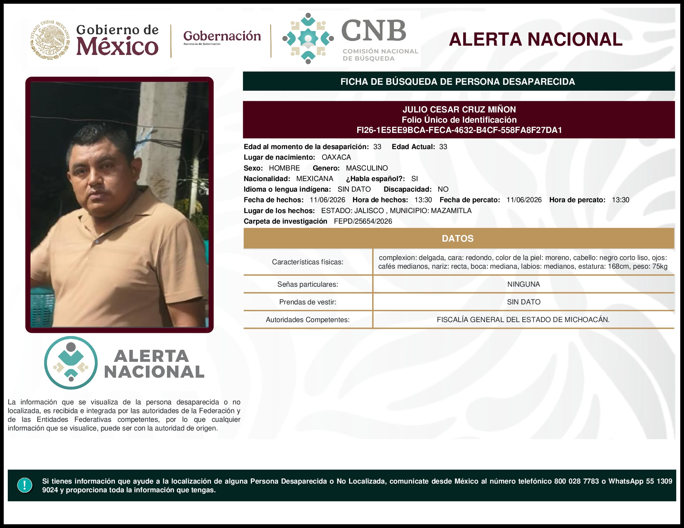 Persona desaparecida Julio Cesar Cruz Minon