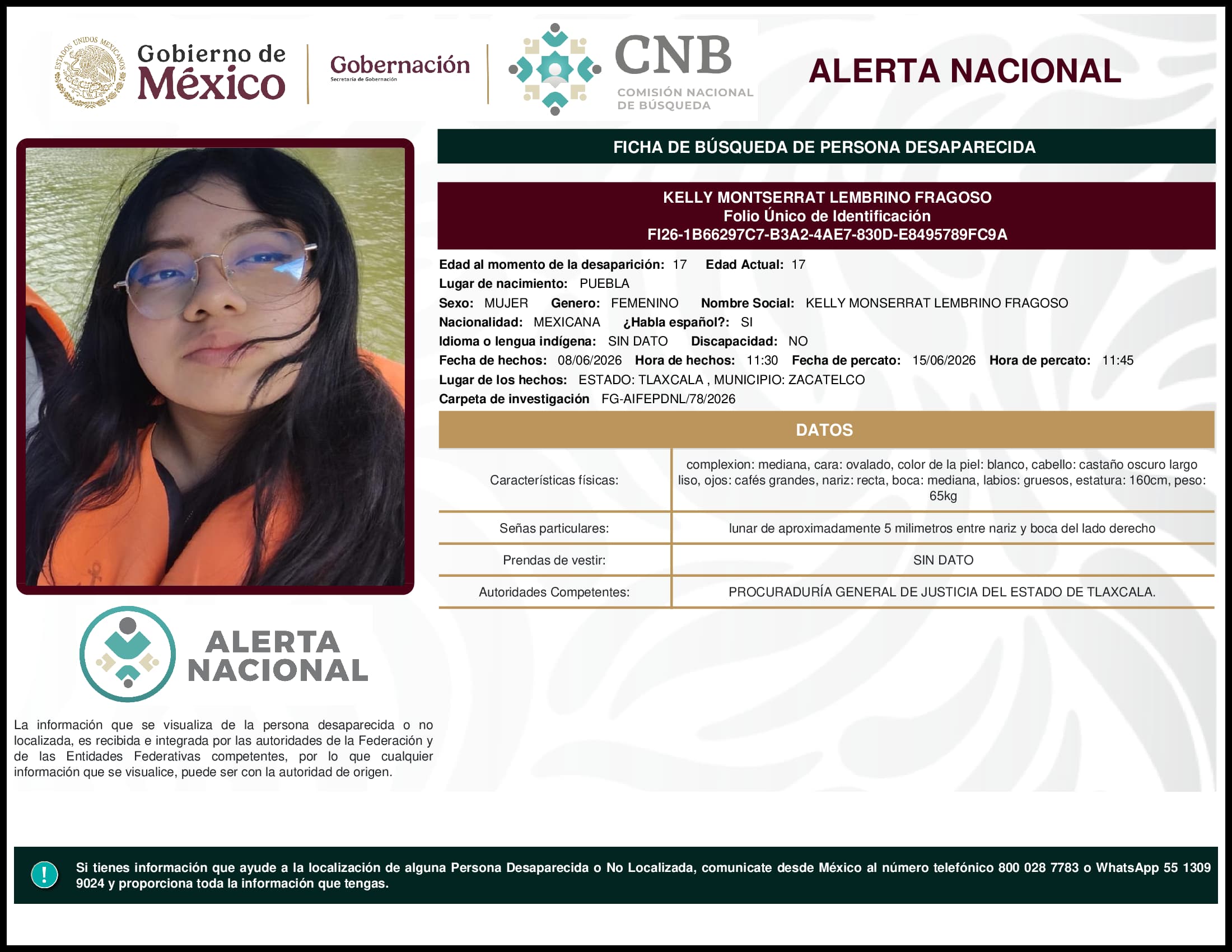 Persona desaparecida Kelly Montserrat Lembrino Fragoso