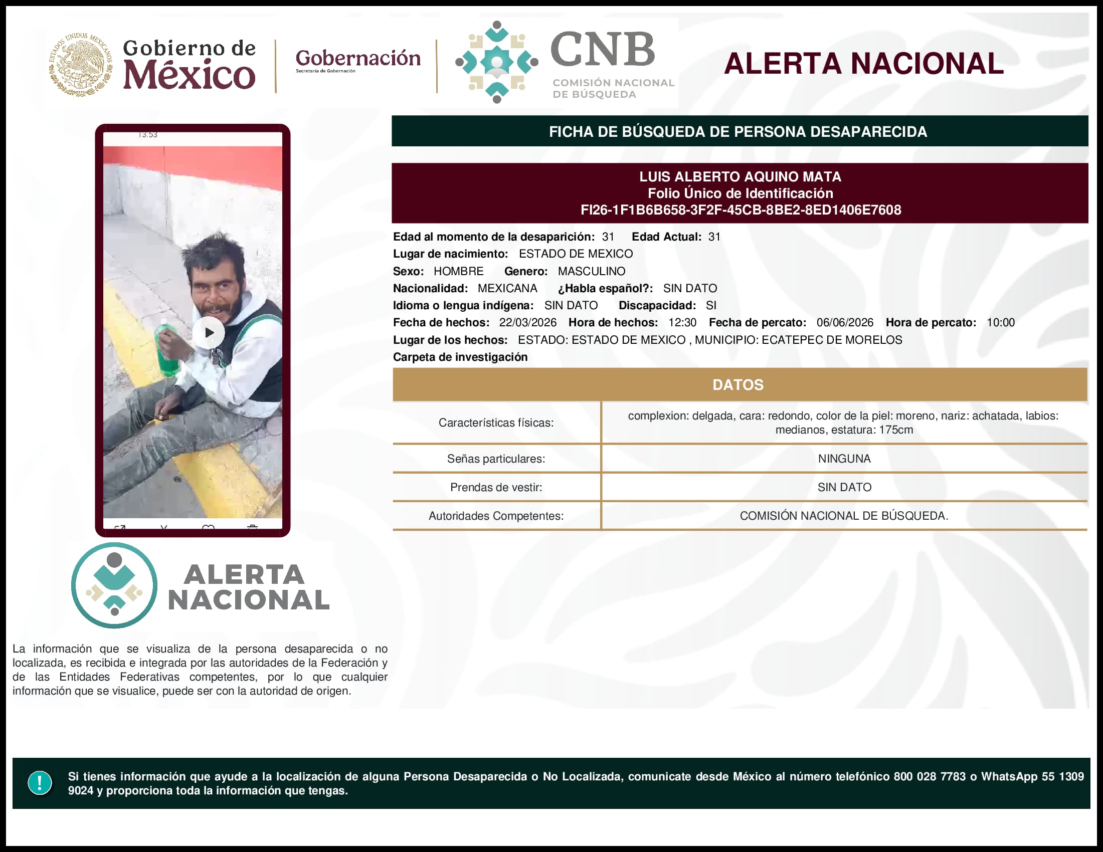 Persona desaparecida Luis Alberto Aquino Mata