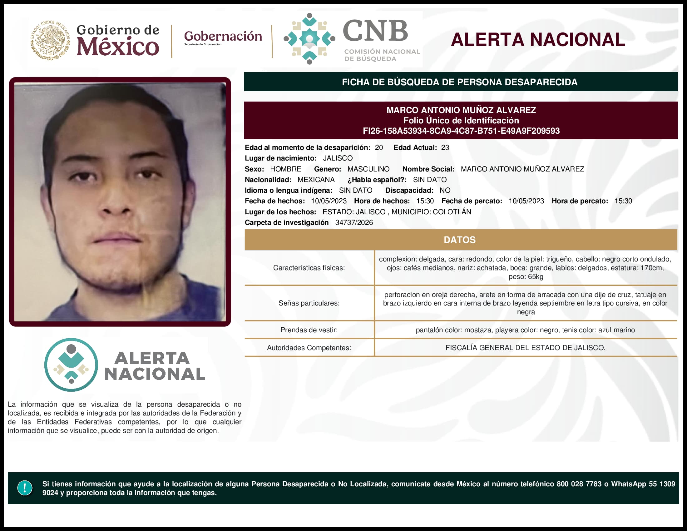 Persona desaparecida Marco Antonio Munoz Alvarez