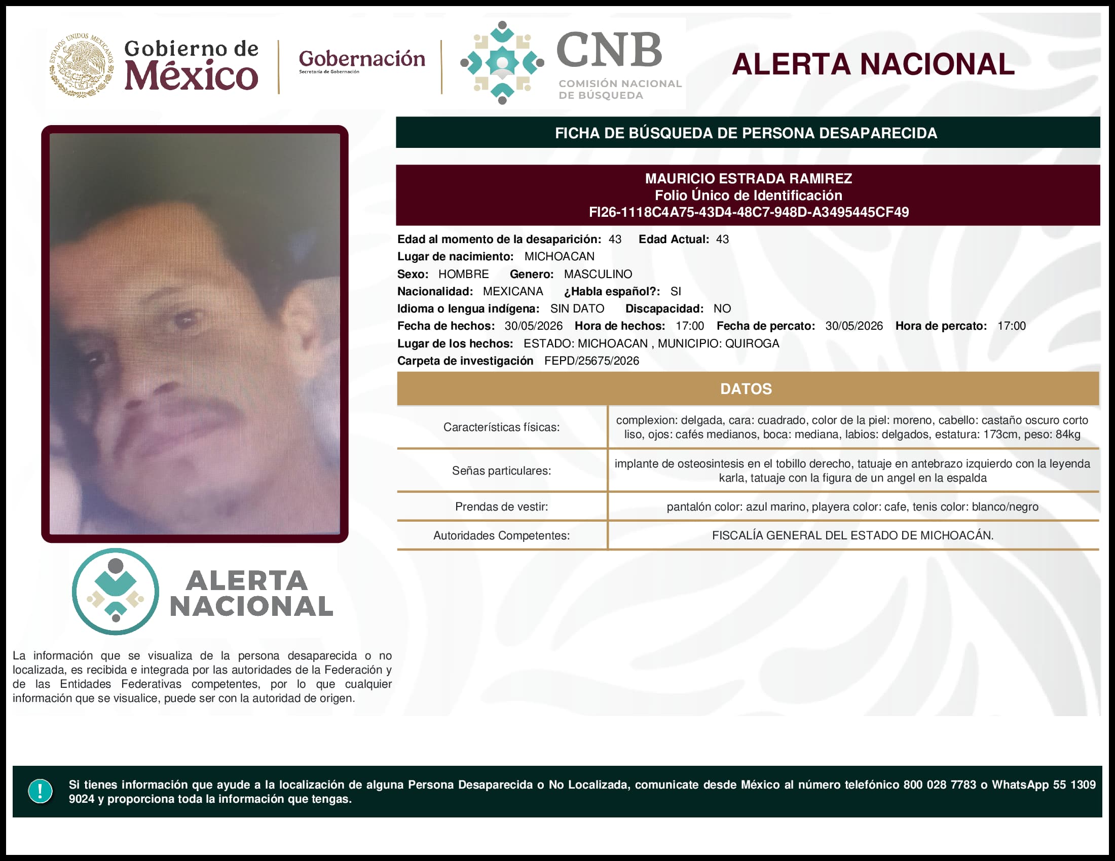 Persona desaparecida Mauricio Estrada Ramirez