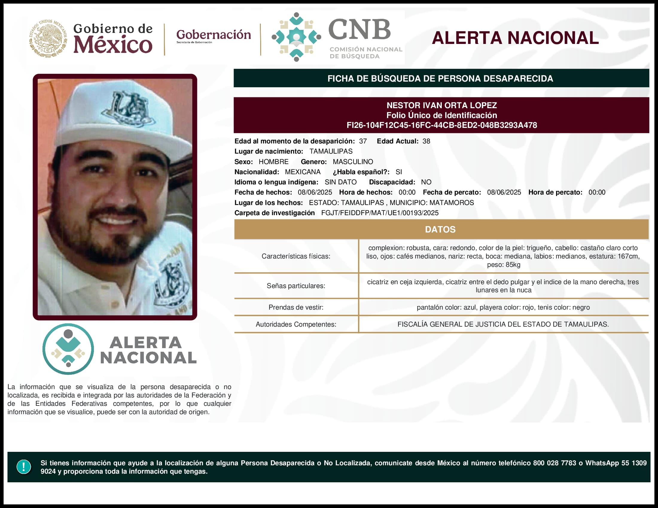 Persona desaparecida Nestor Ivan Orta Lopez