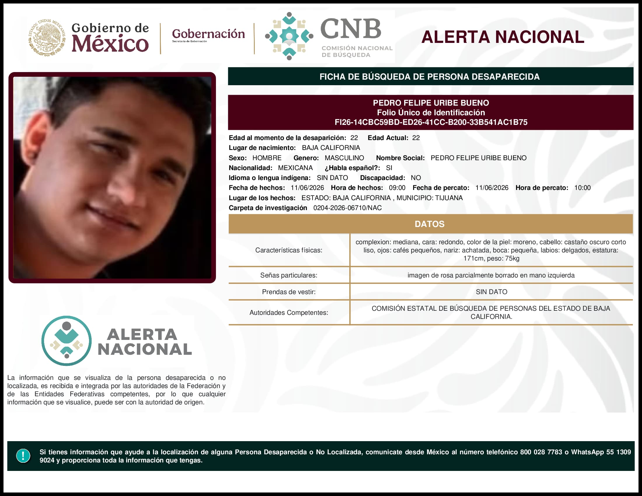 Persona desaparecida Pedro Felipe Uribe Bueno