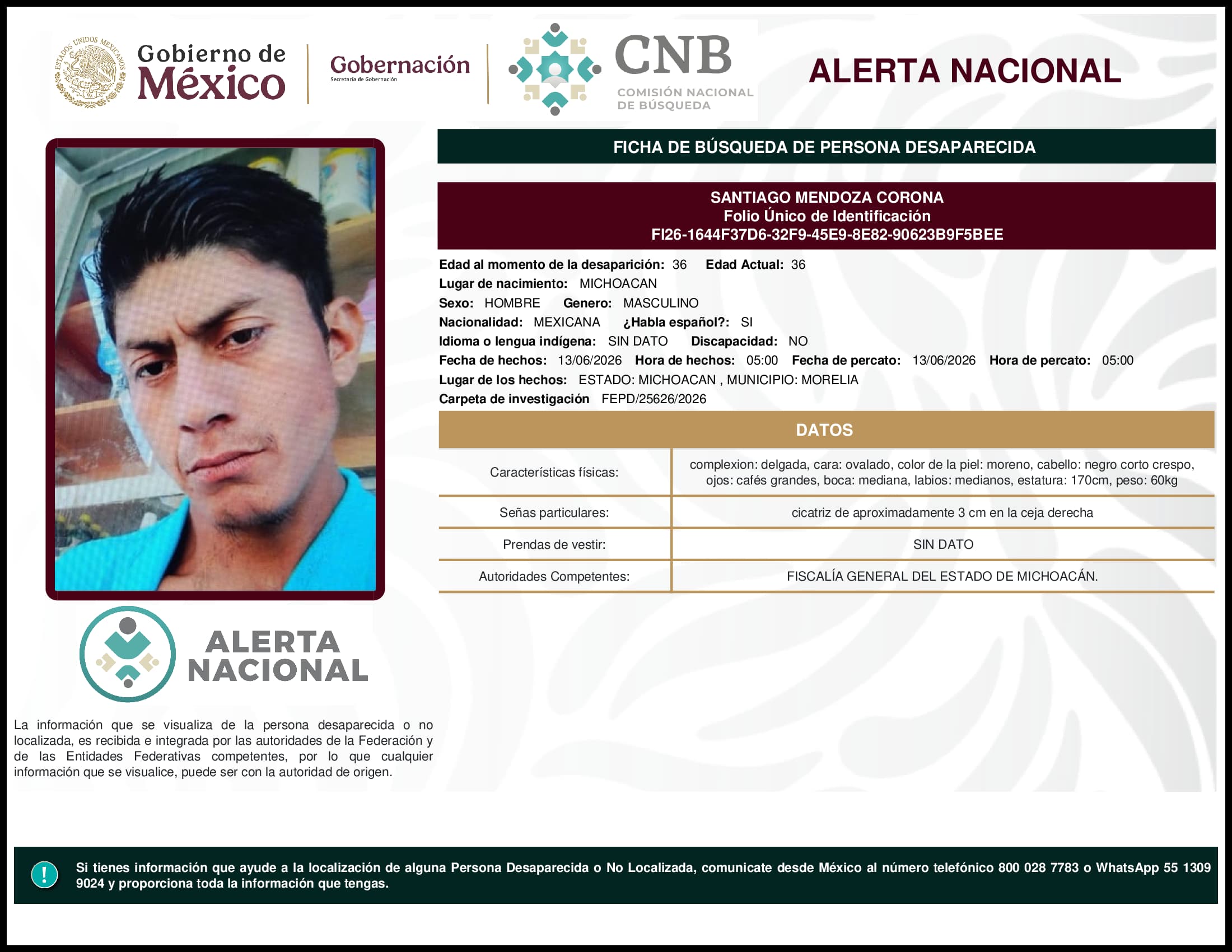 Persona desaparecida Santiago Mendoza Corona