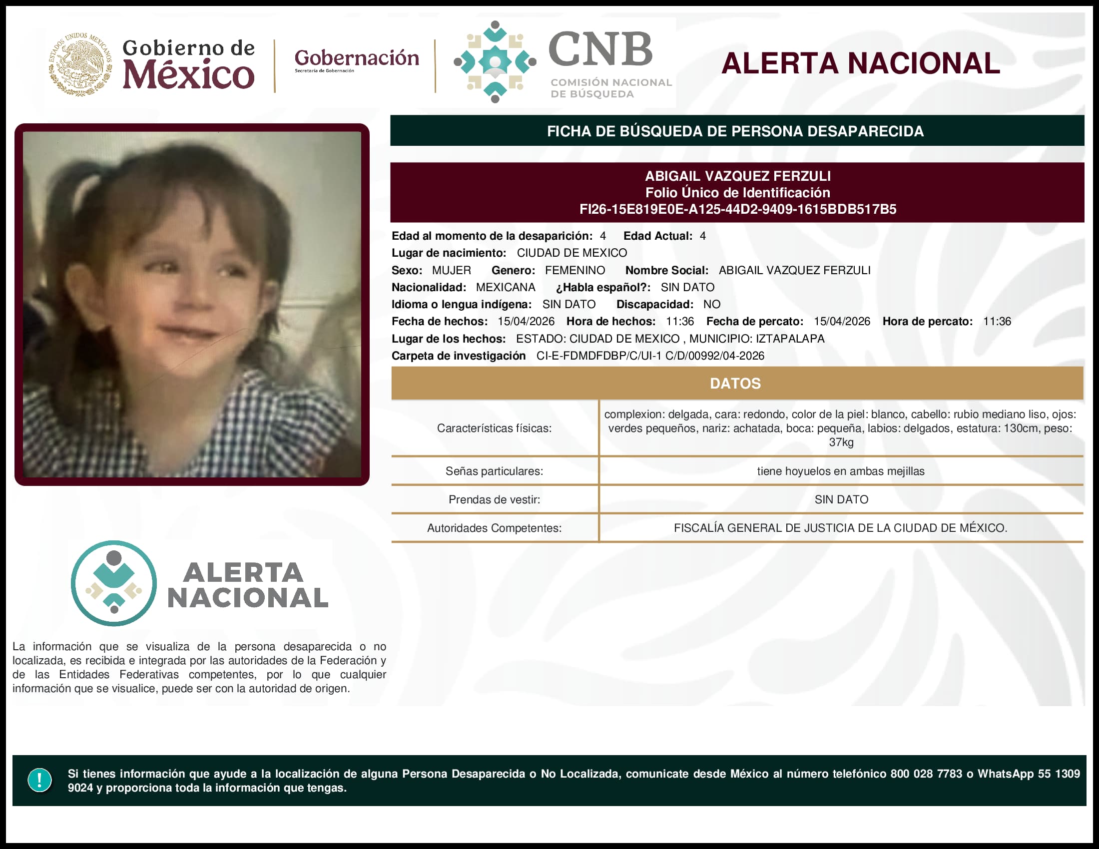 Persona desaparecida Abigail Vazquez Ferzuli