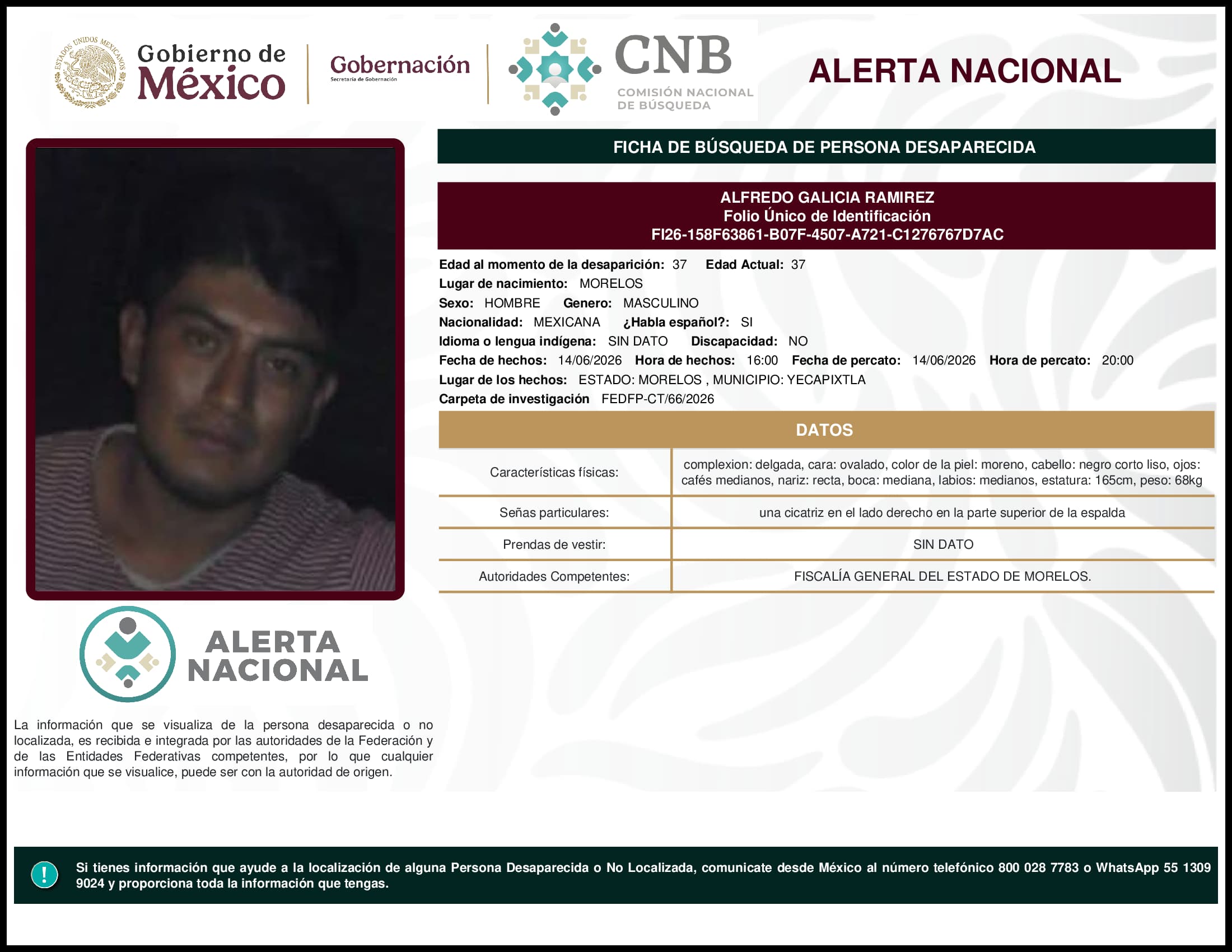 Persona desaparecida Alfredo Galicia Ramirez
