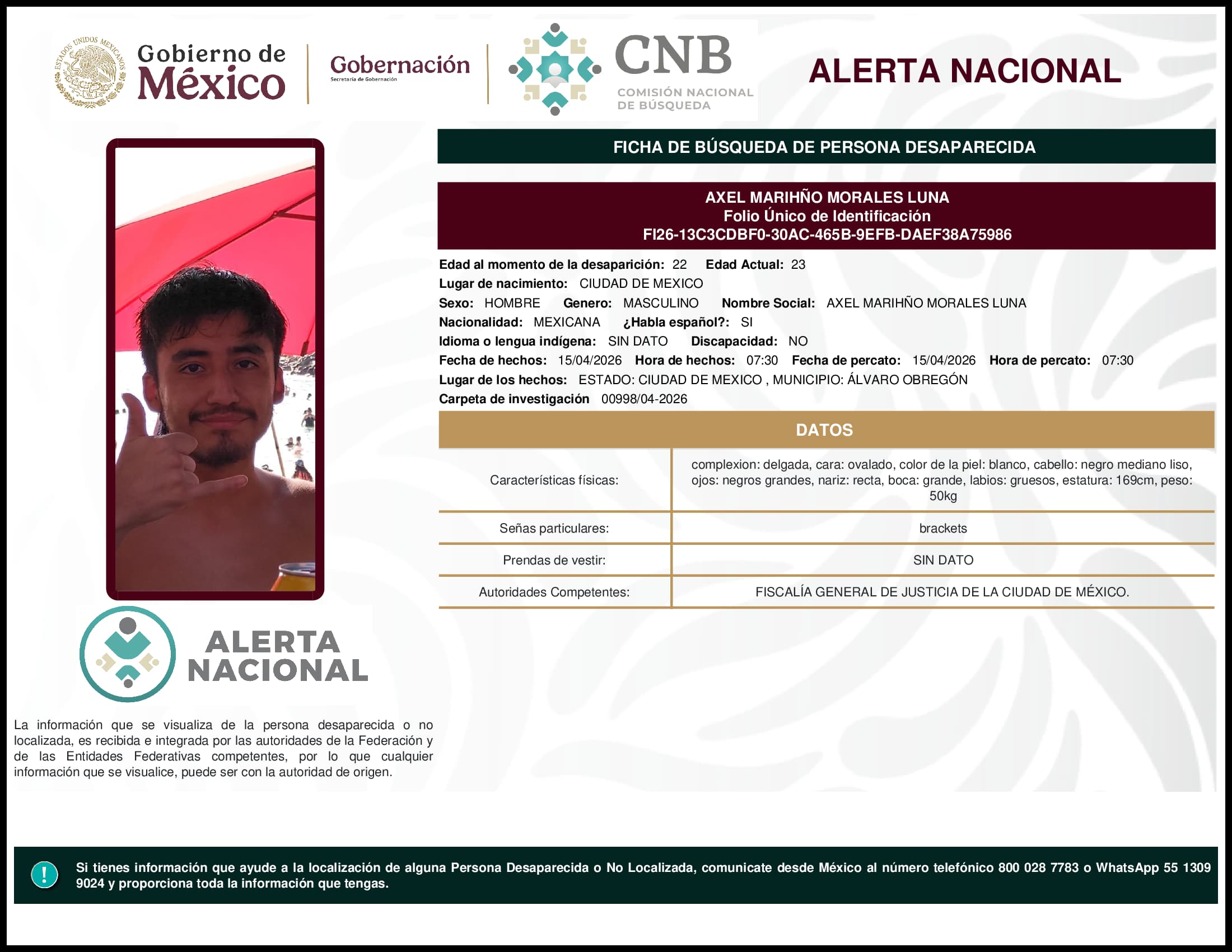Persona desaparecida Axel Marihno Morales Luna