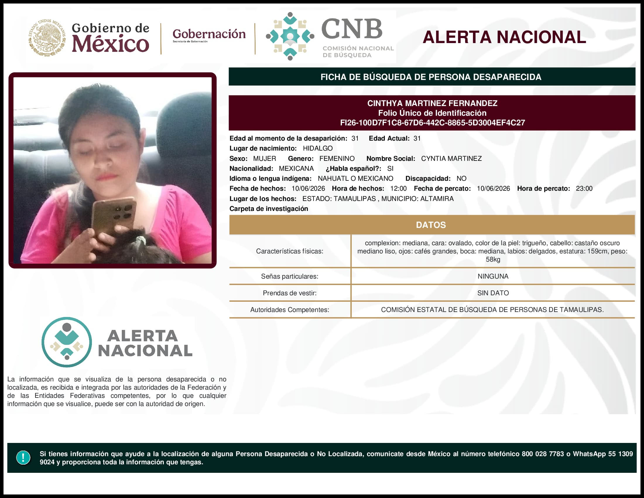 Persona desaparecida Cinthya Martinez Fernandez