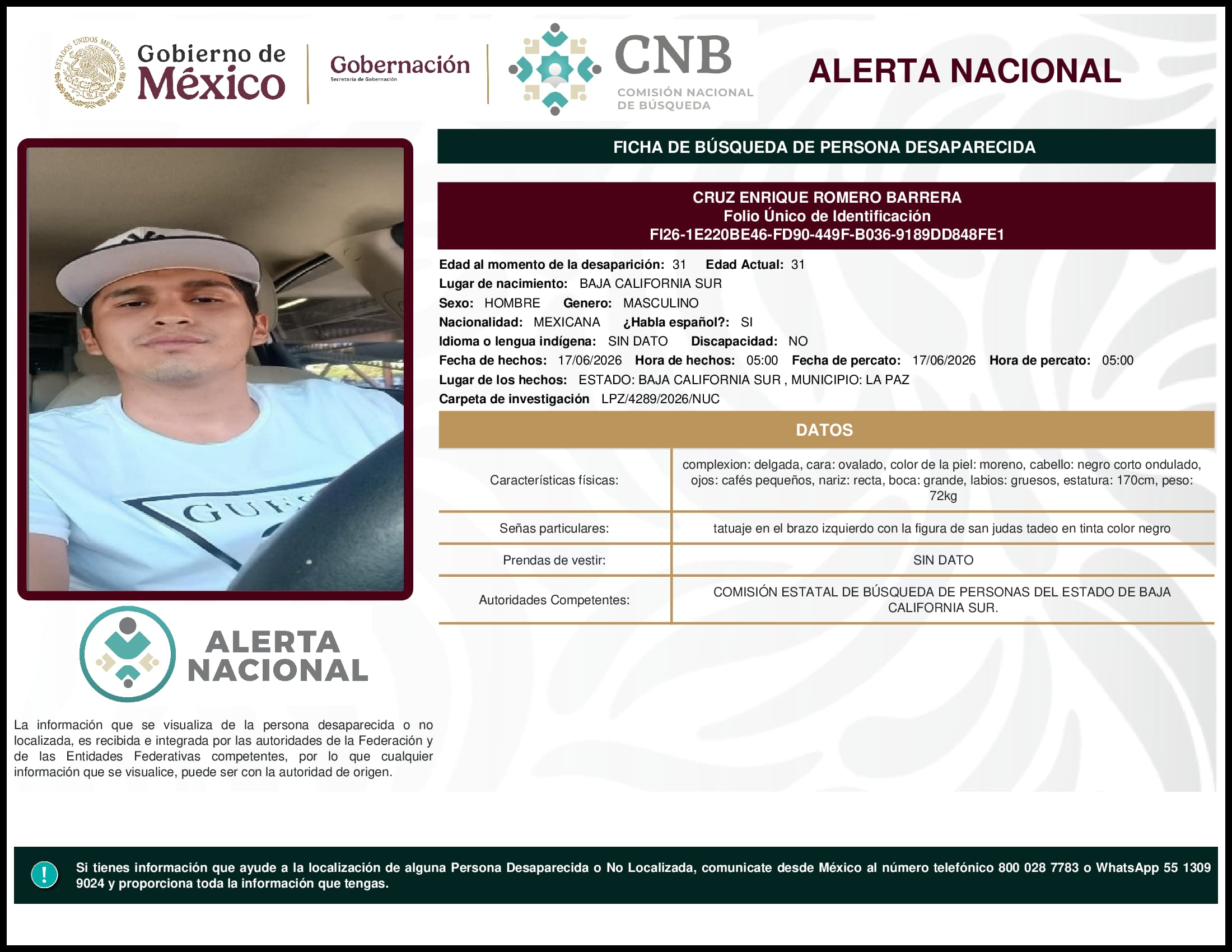 Persona desaparecida Cruz Enrique Romero Barrera