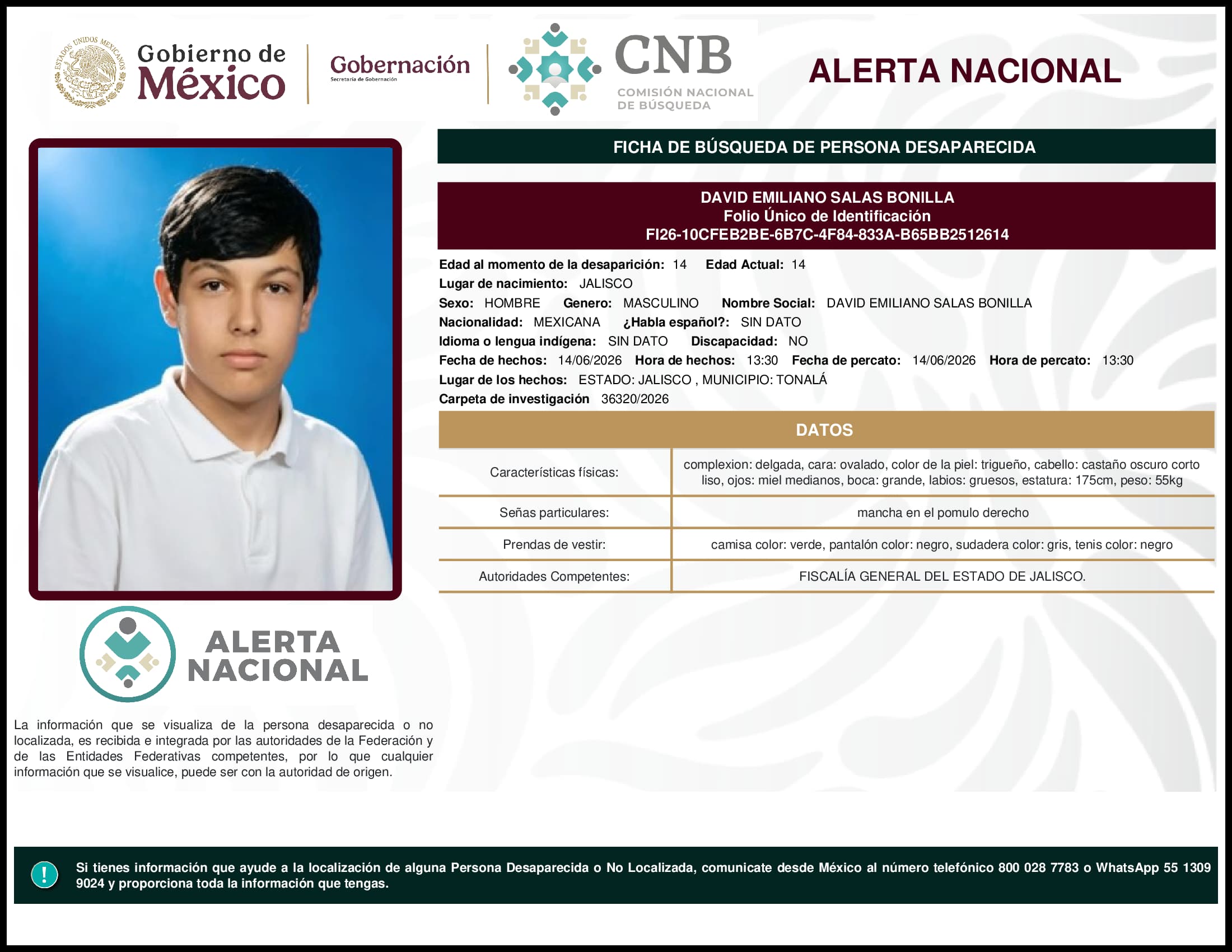Persona desaparecida David Emiliano Salas Bonilla