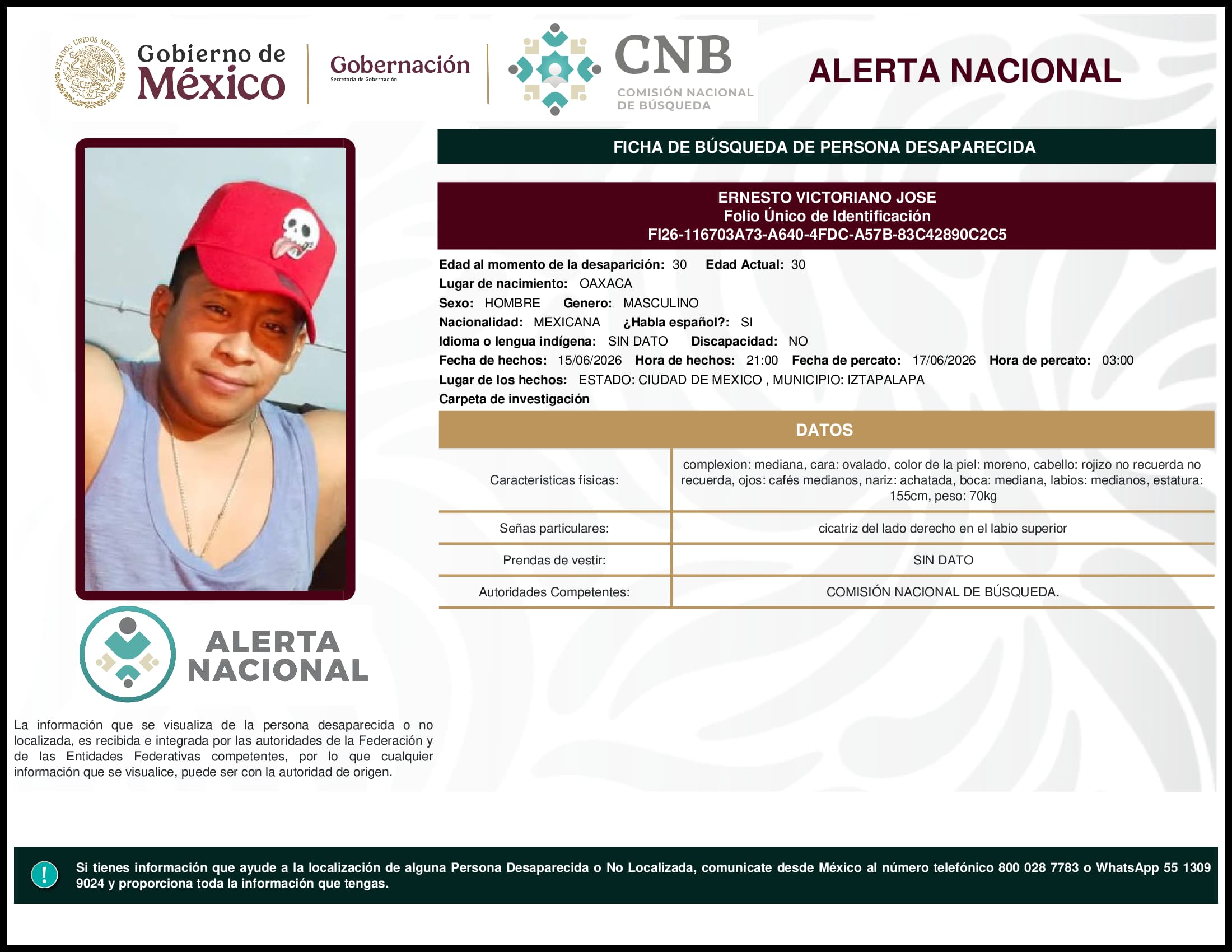 Persona desaparecida Ernesto Victoriano Jose