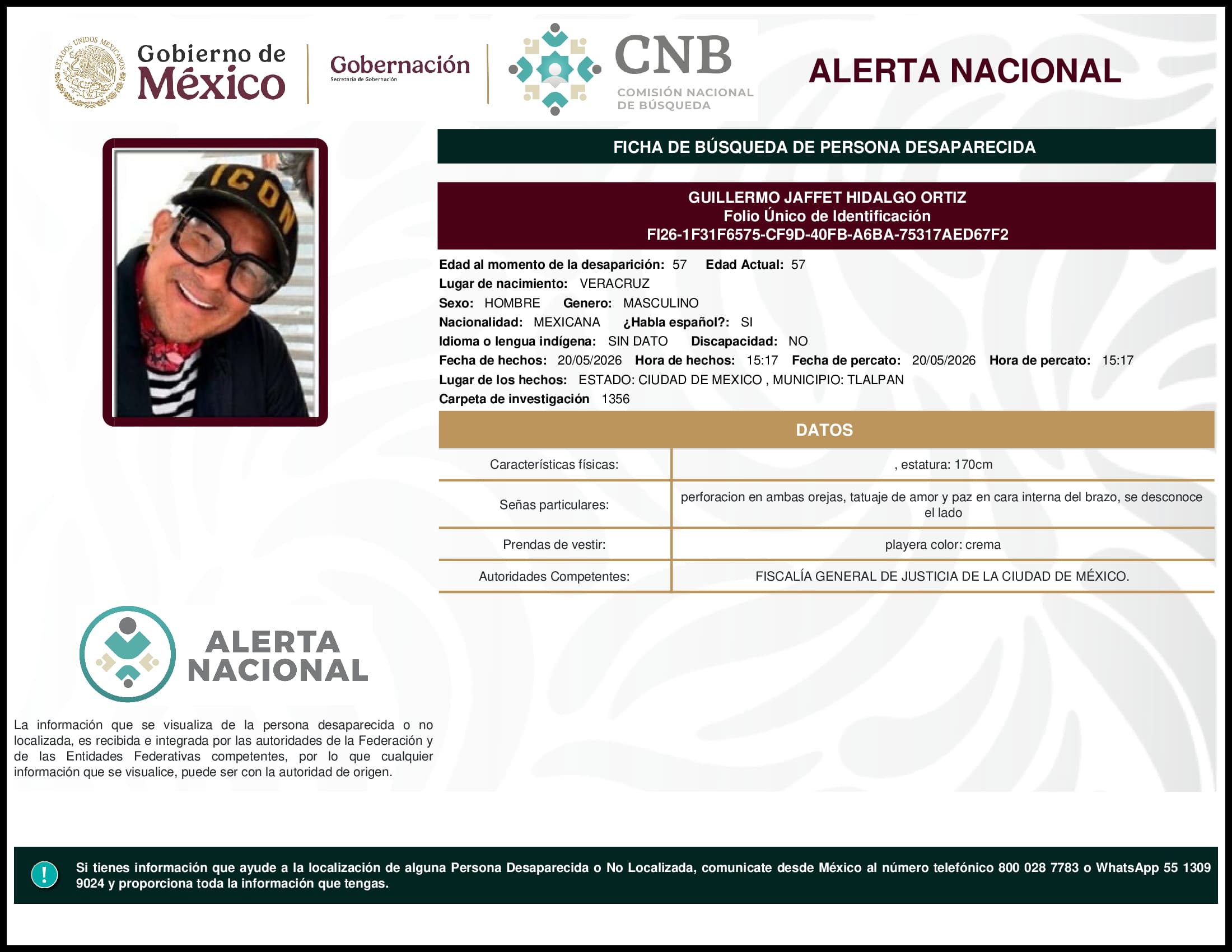 Persona desaparecida Guillermo Jaffet Hidalgo Ortiz