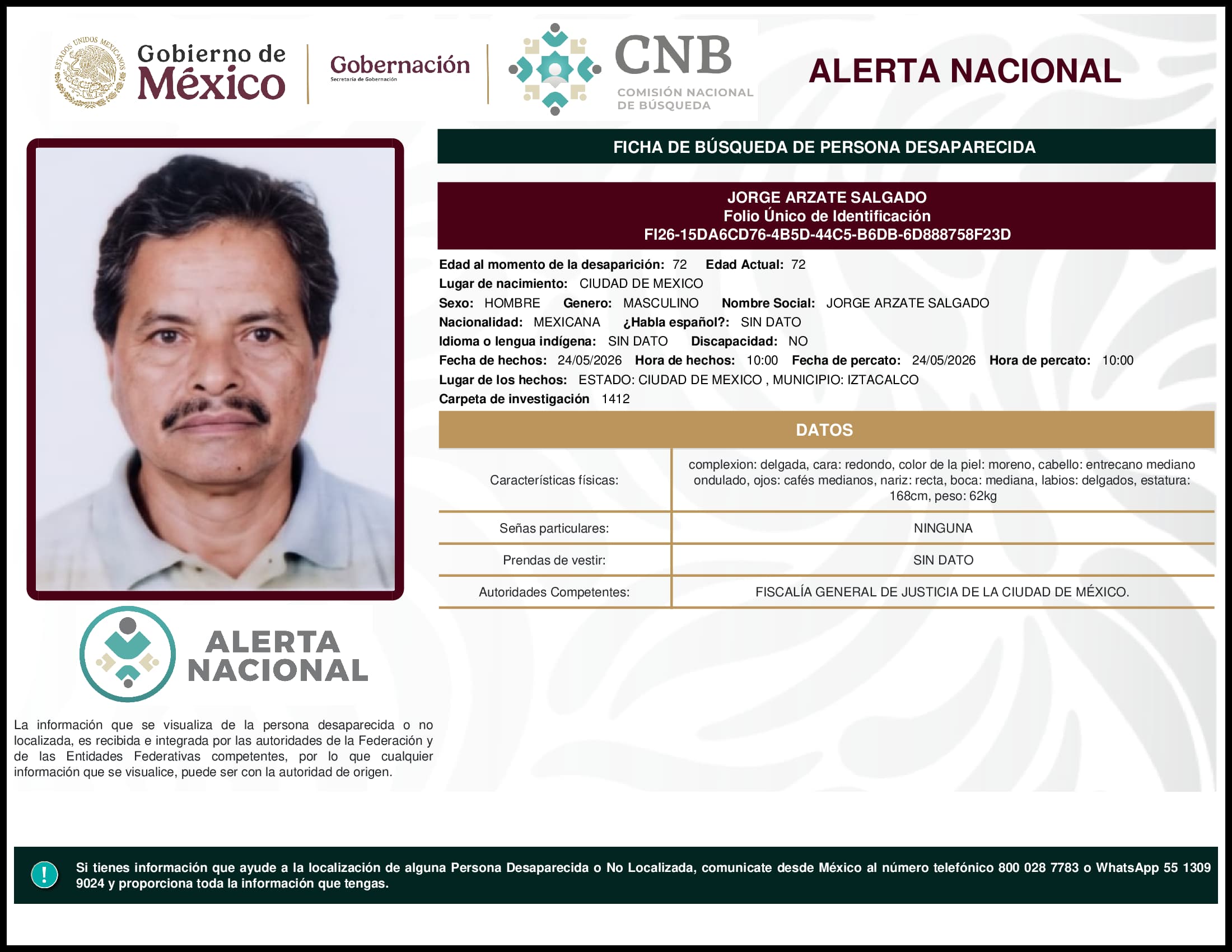 Persona desaparecida Jorge Arzate Salgado