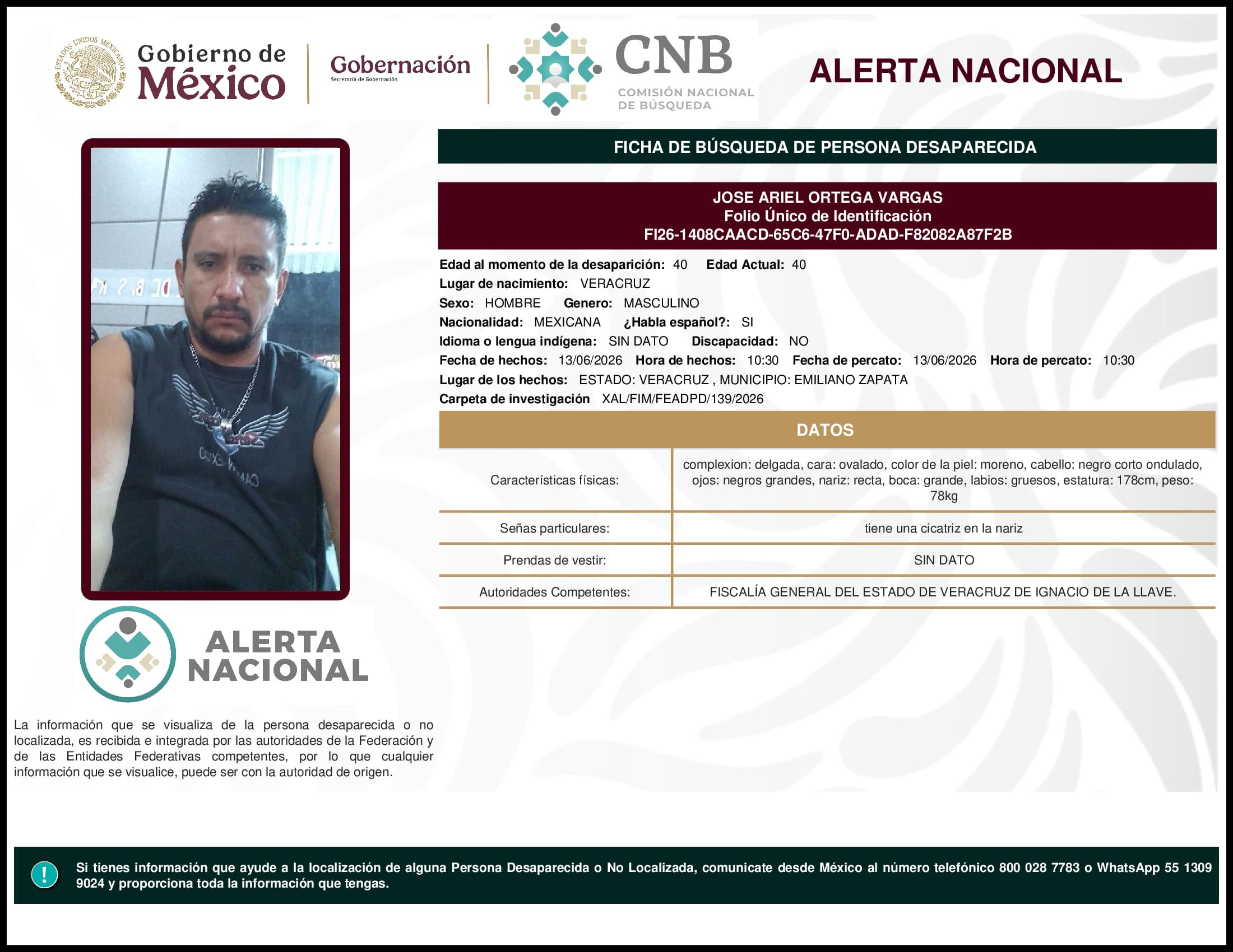Persona desaparecida Jose Ariel Ortega Vargas