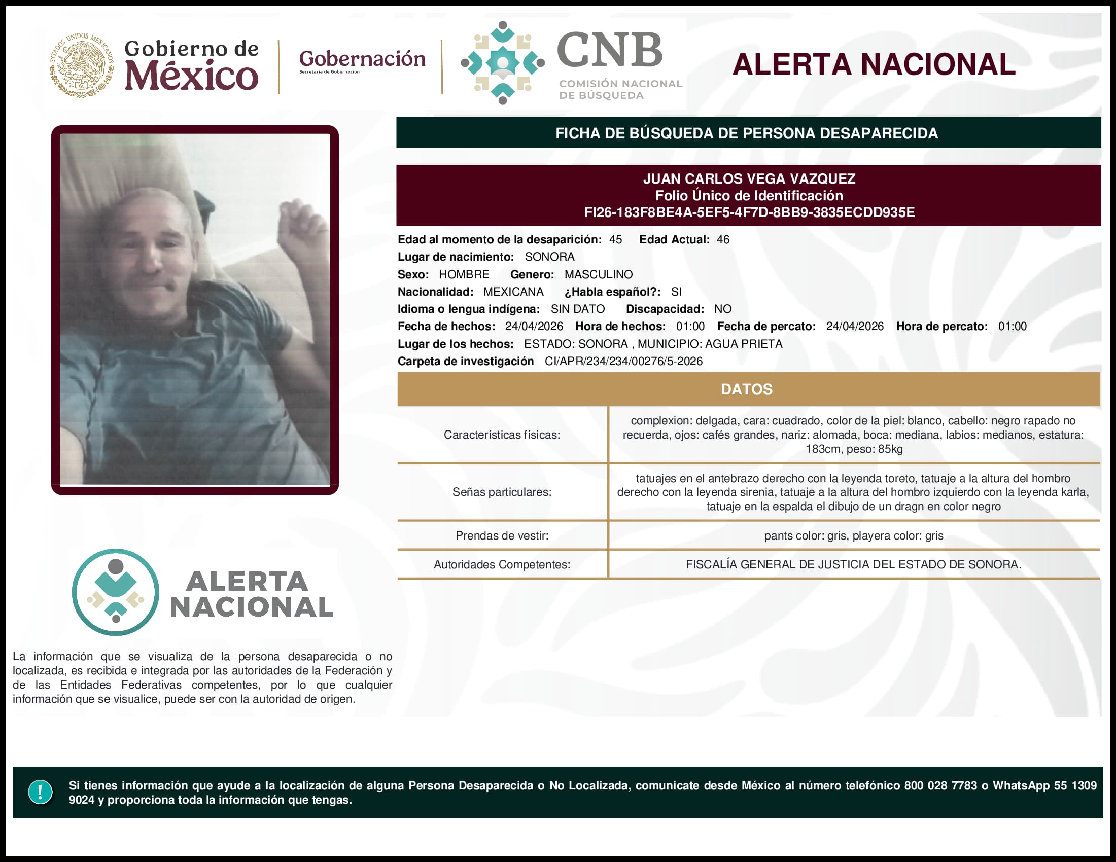 Persona desaparecida Juan Carlos Vega Vazquez