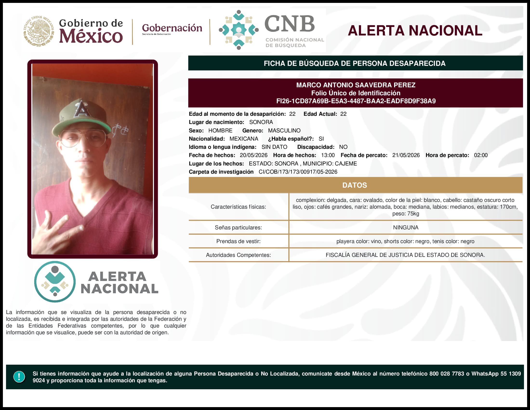Persona desaparecida Marco Antonio Saavedra Perez