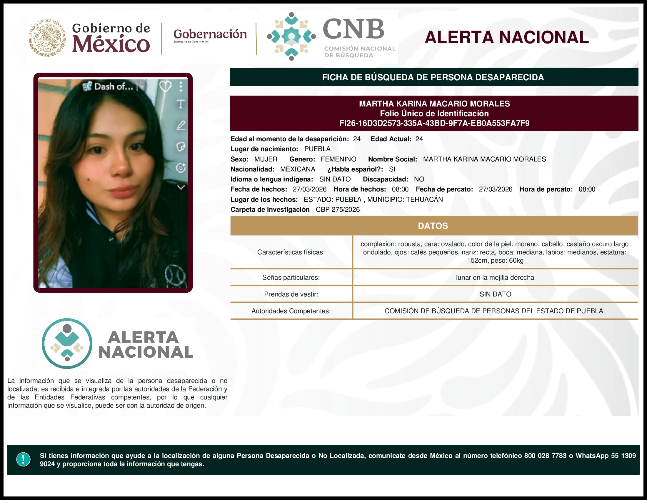 Persona desaparecida Martha Karina Macario Morales