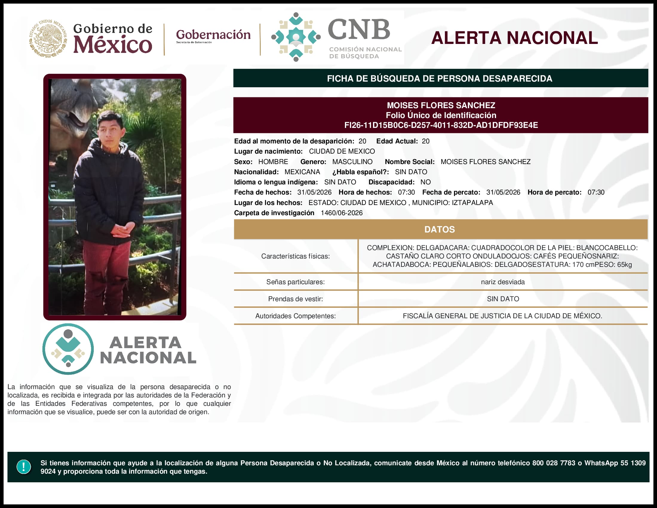 Persona desaparecida Moises Flores Sanchez