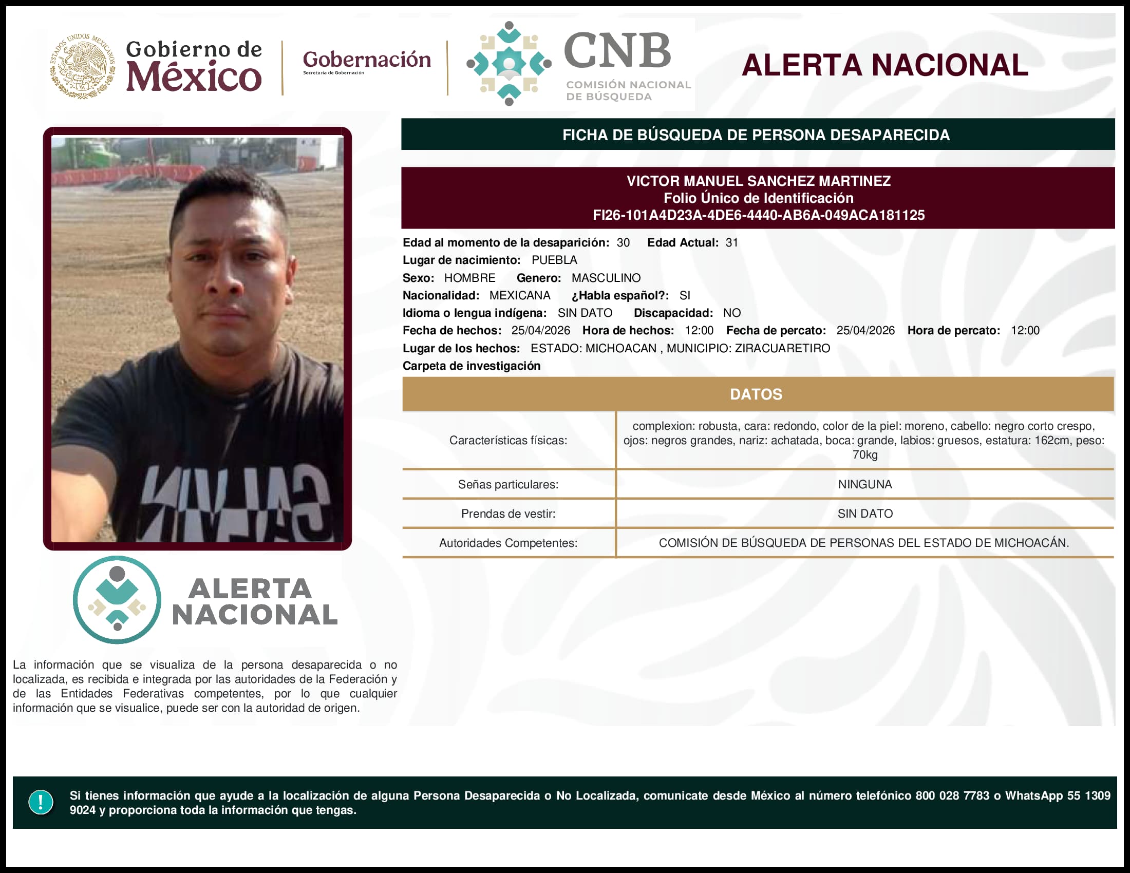 Persona desaparecida Victor Manuel Sanchez Martinez