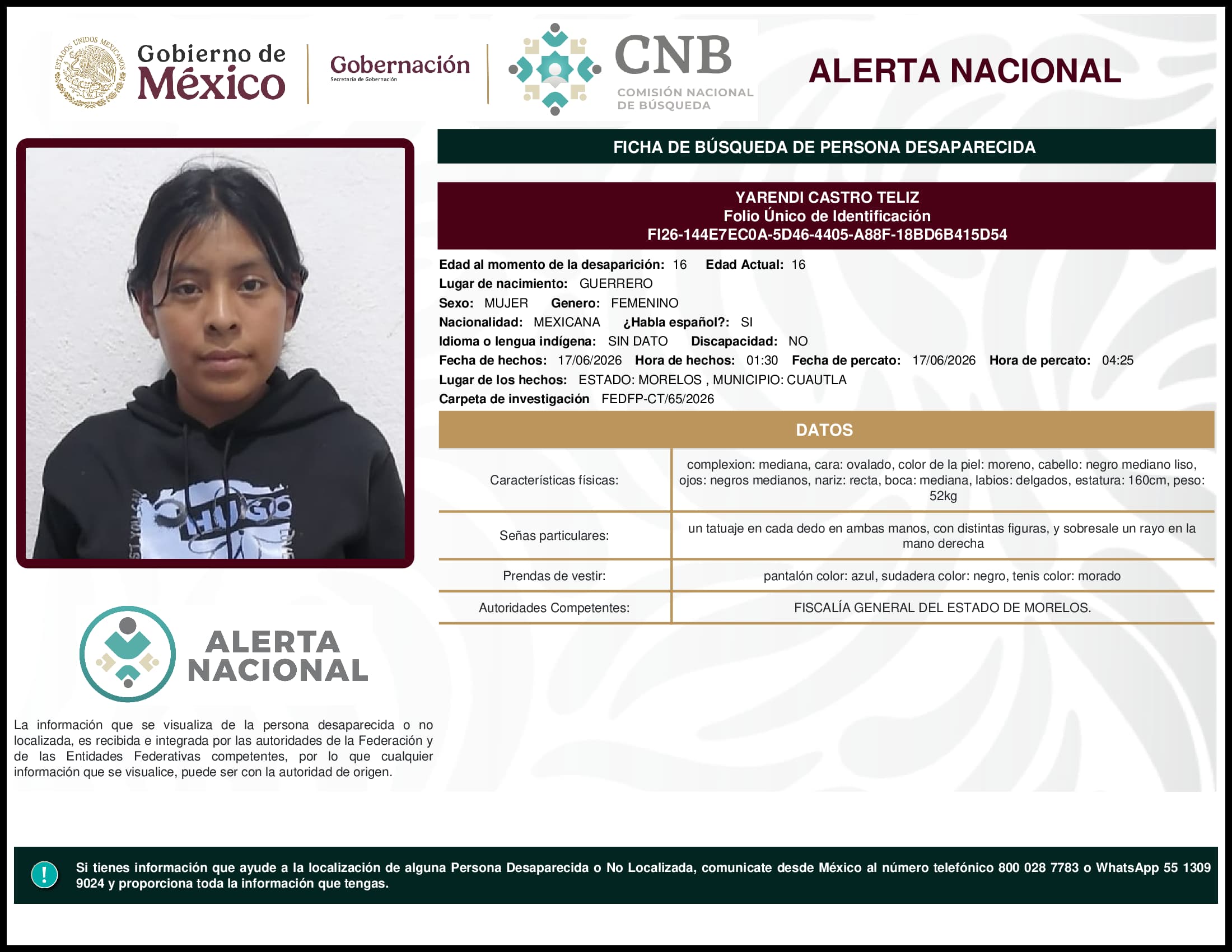 Persona desaparecida Yarendi Castro Teliz