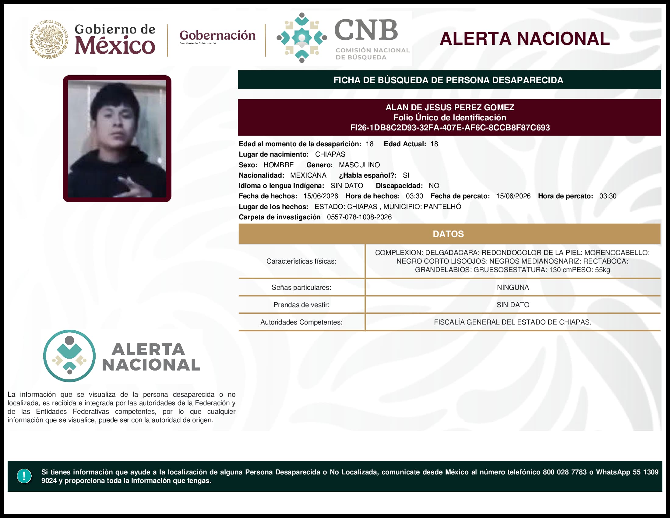 Persona desaparecida Alan De Jesus Perez Gomez