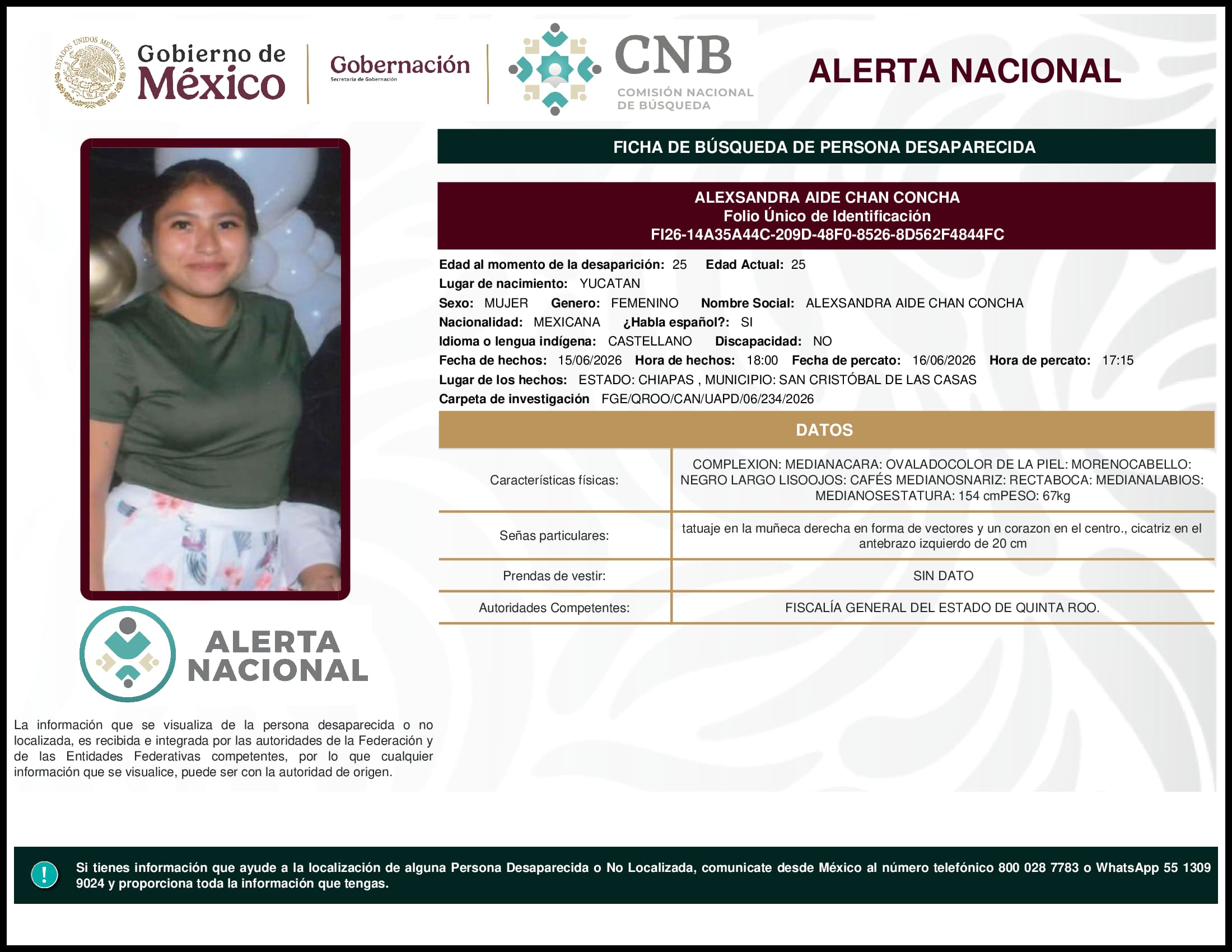 Persona desaparecida Alexsandra Aide Chan Concha