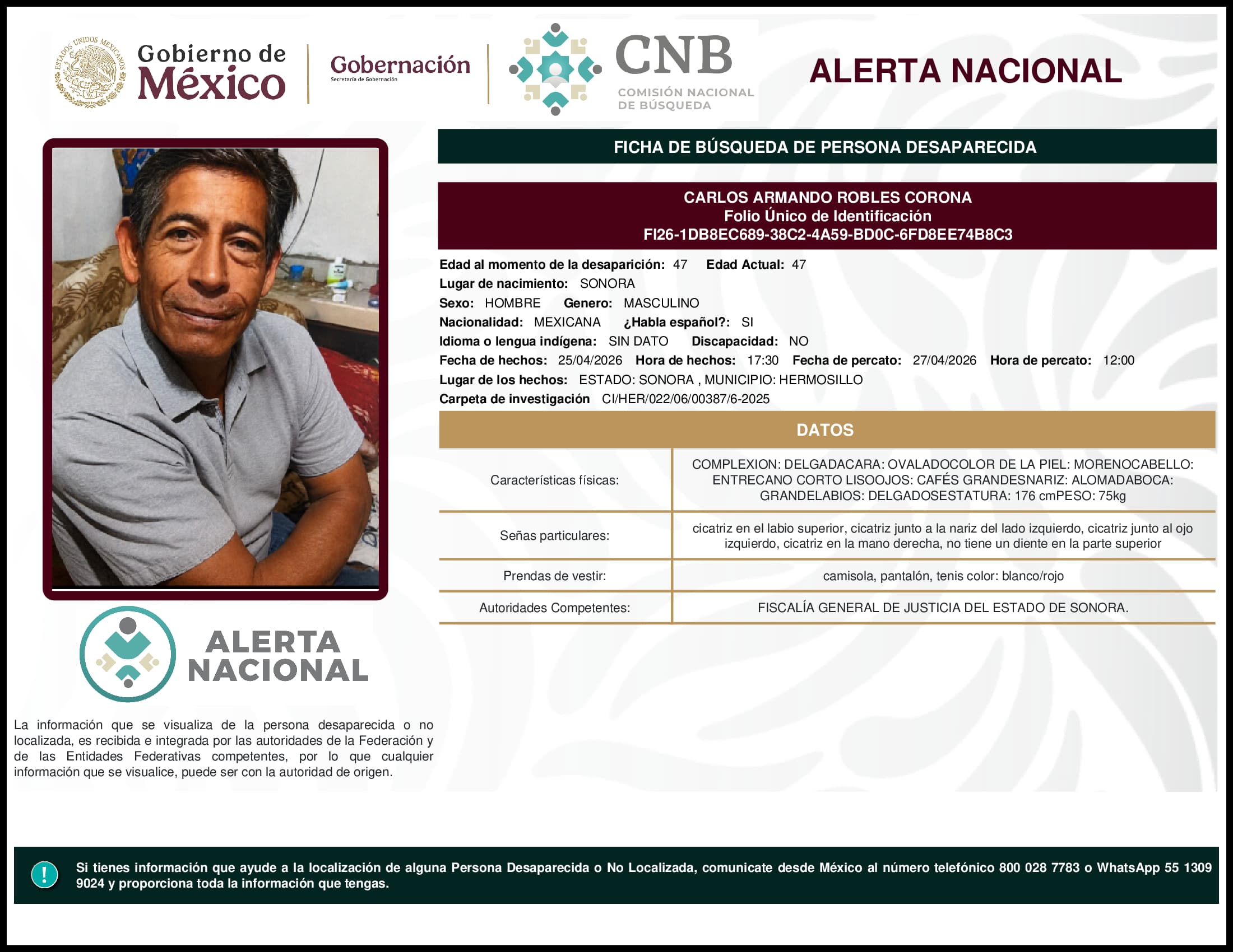 Persona desaparecida Carlos Armando Robles Corona