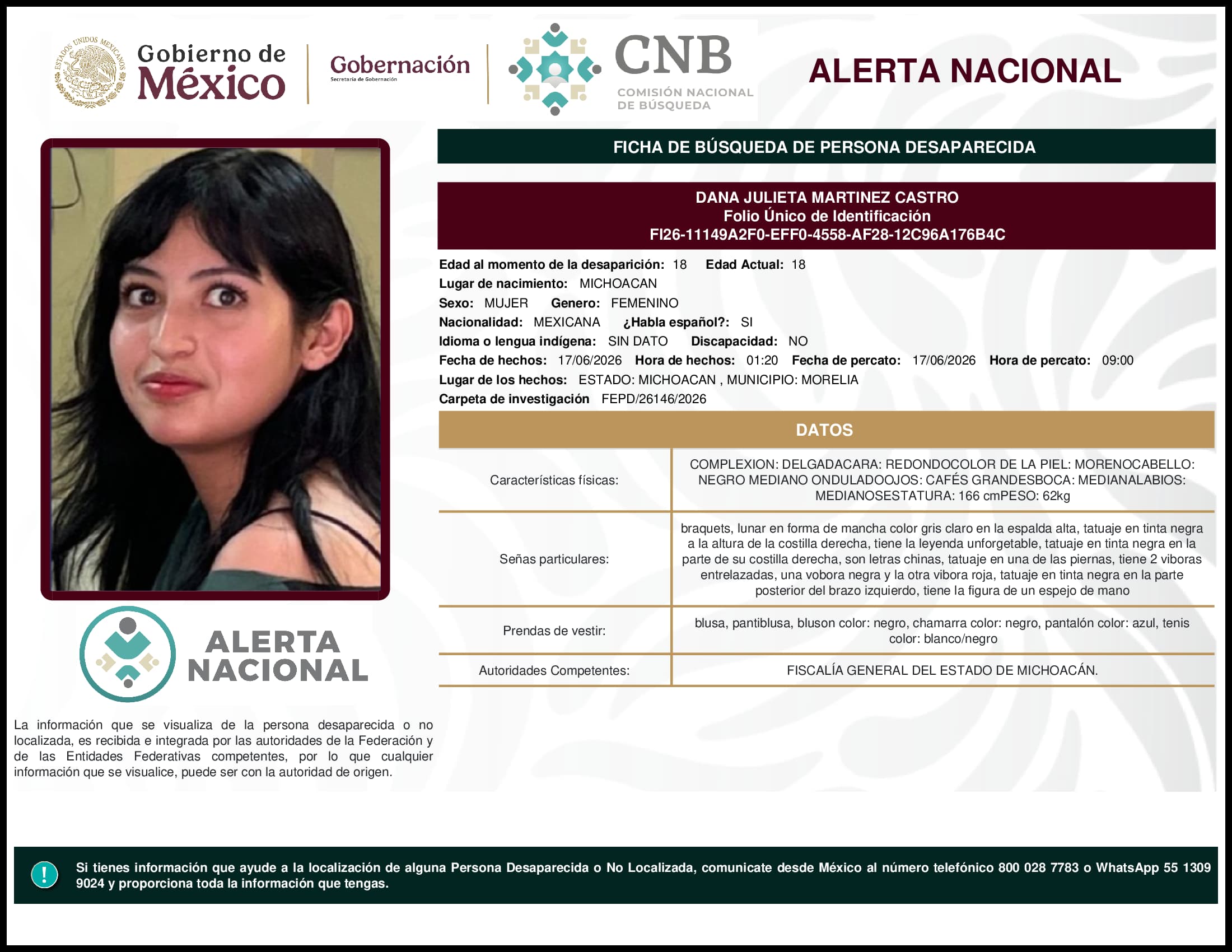 Persona desaparecida Dana Julieta Martinez Castro