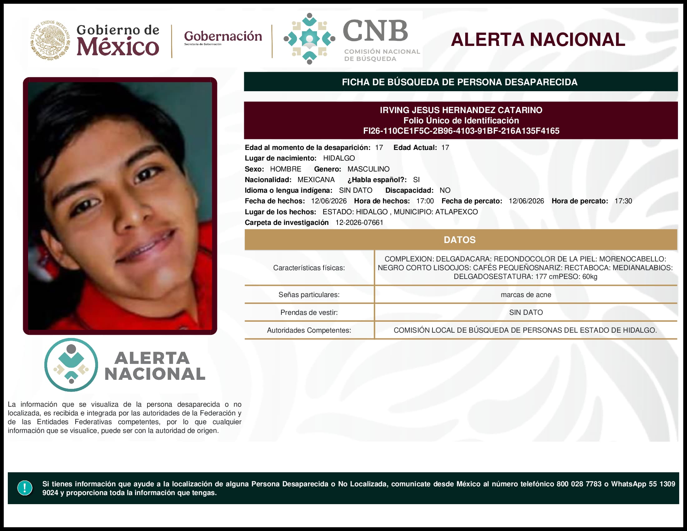 Persona desaparecida Irving Jesus Hernandez Catarino