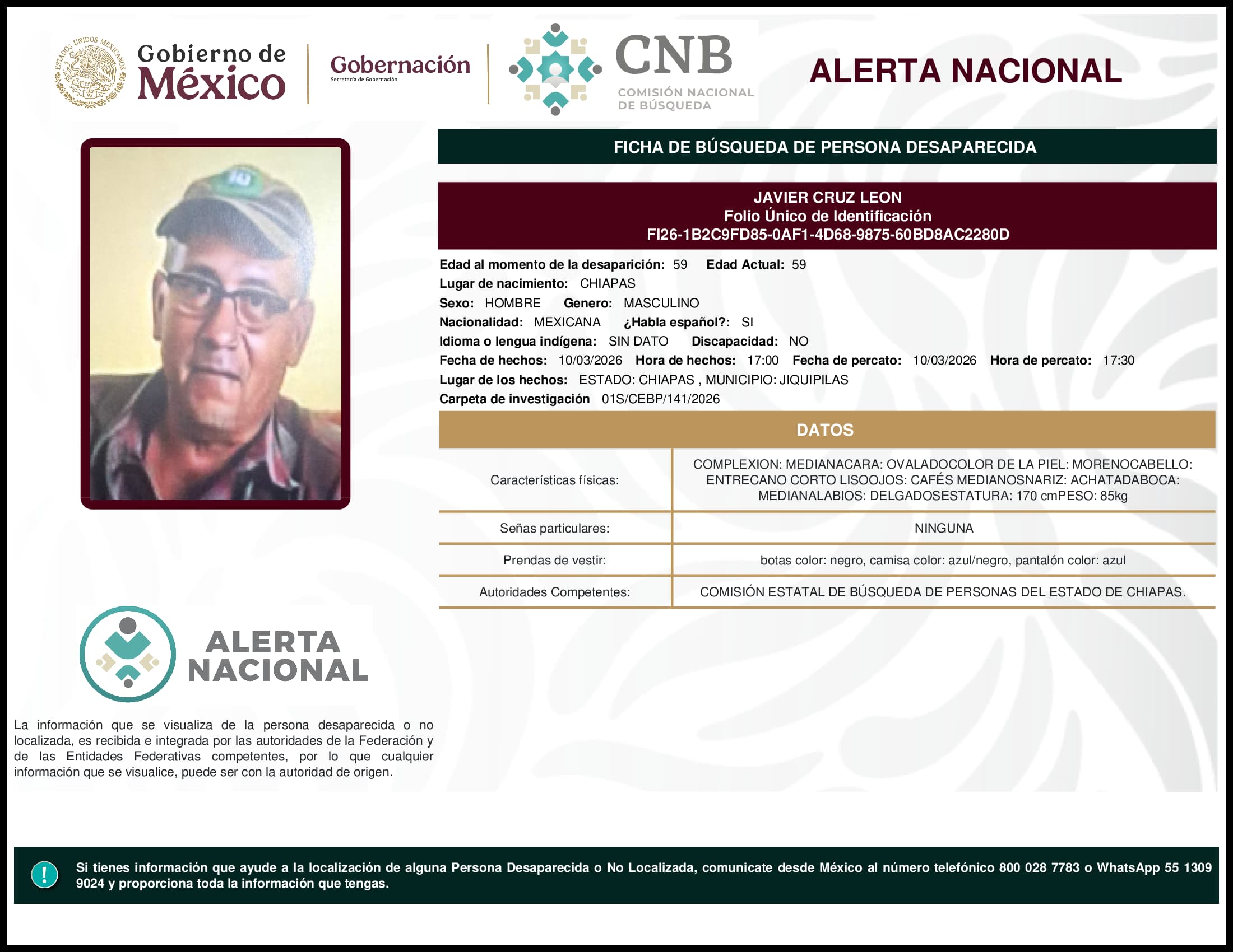 Persona desaparecida Javier Cruz Leon