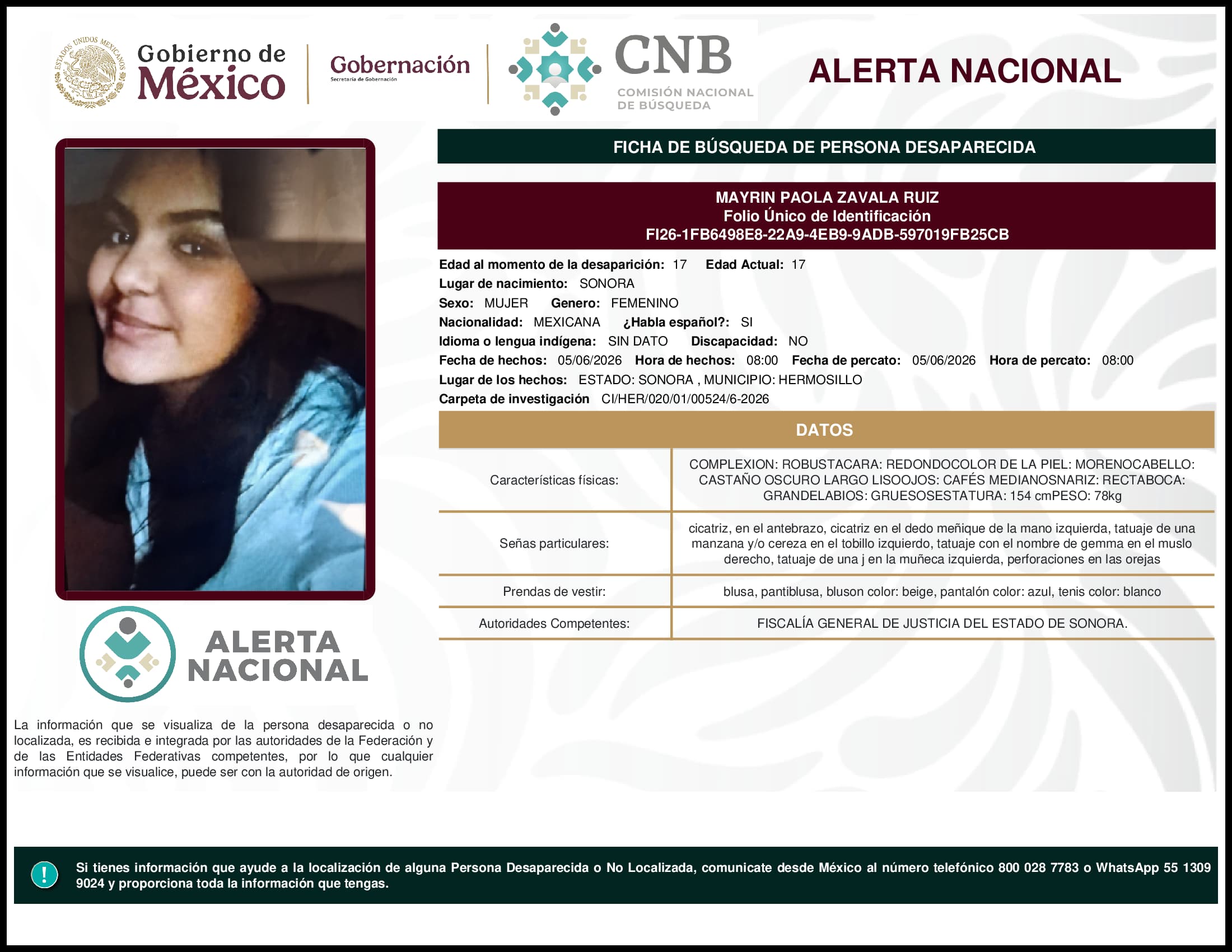 Persona desaparecida Mayrin Paola Zavala Ruiz