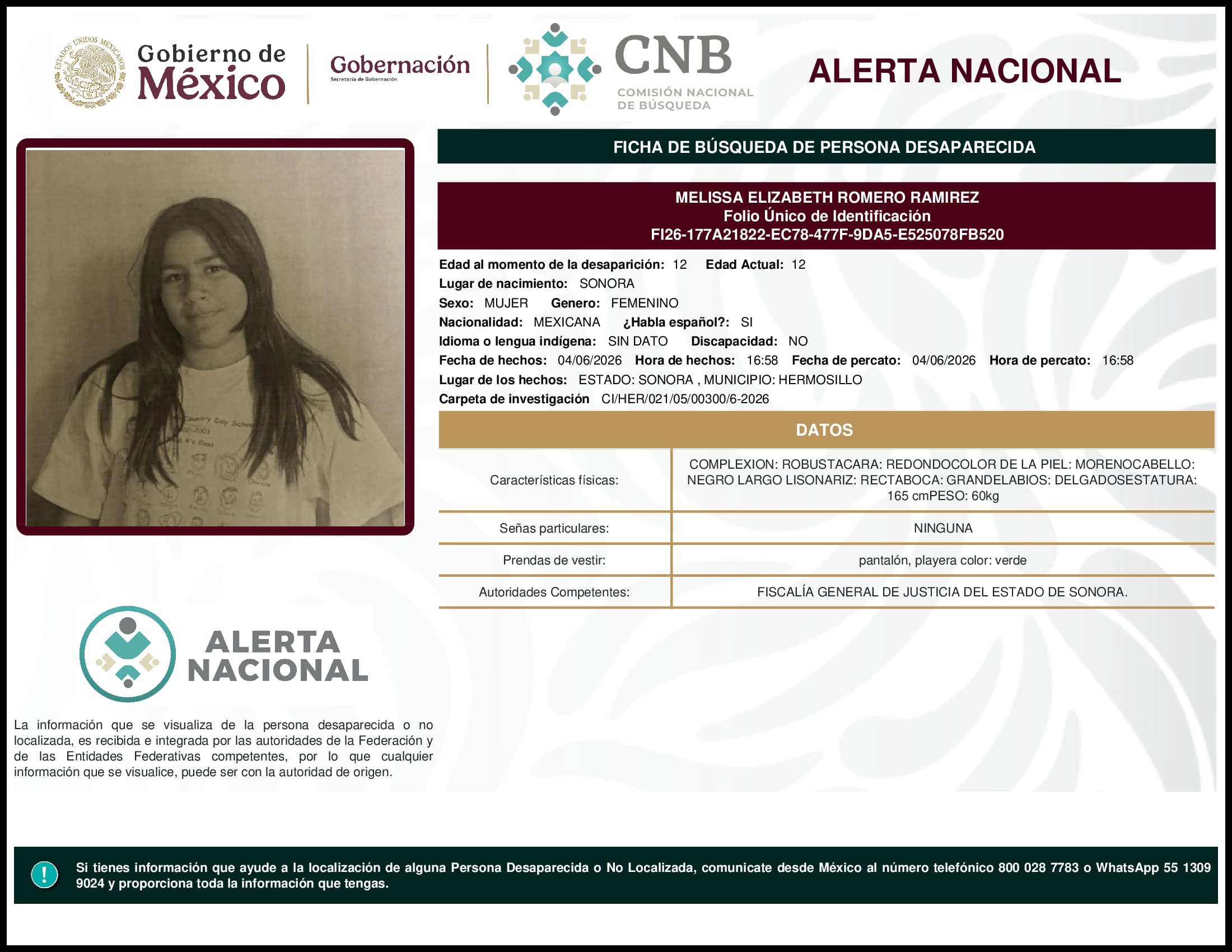 Persona desaparecida Melissa Elizabeth Romero Ramirez
