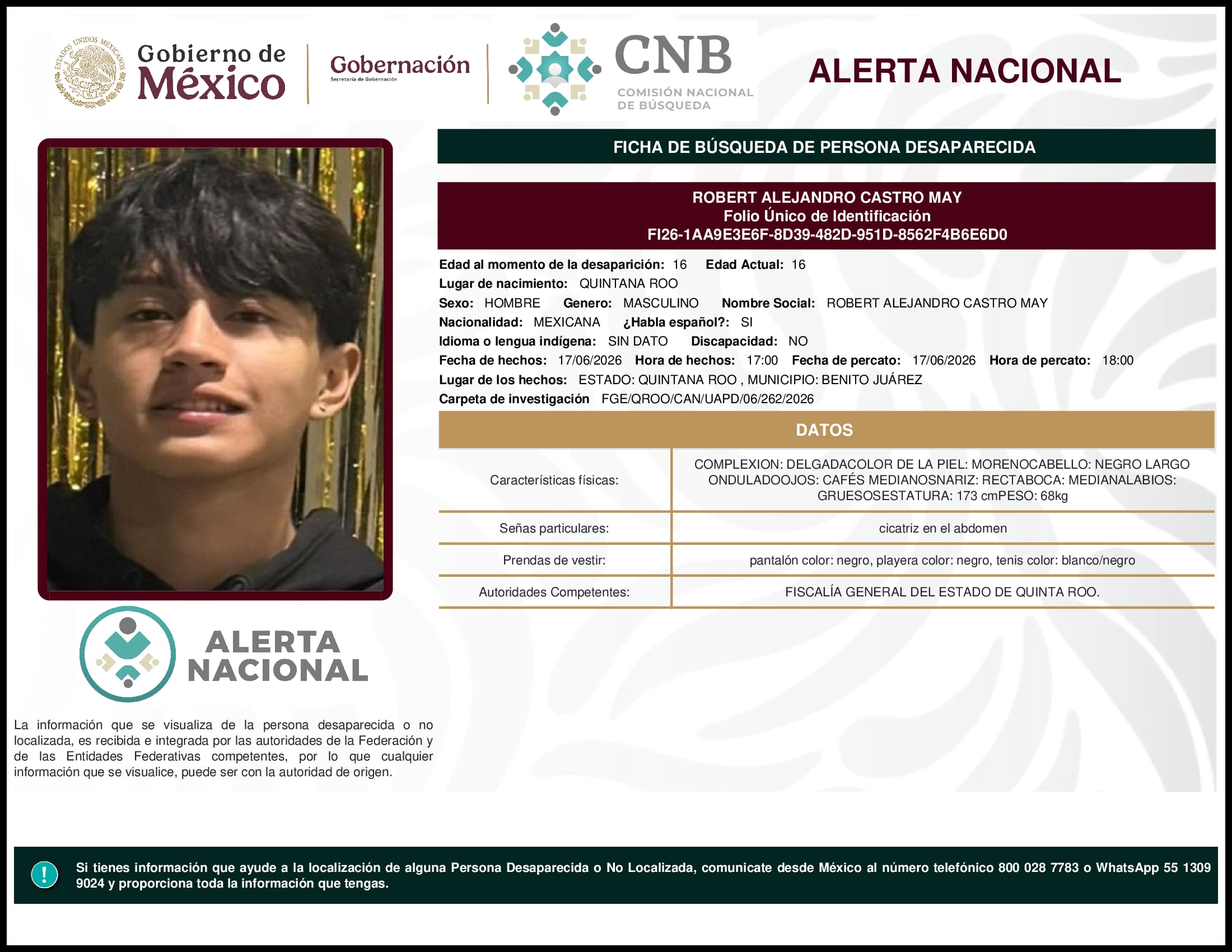 Persona desaparecida Robert Alejandro Castro May