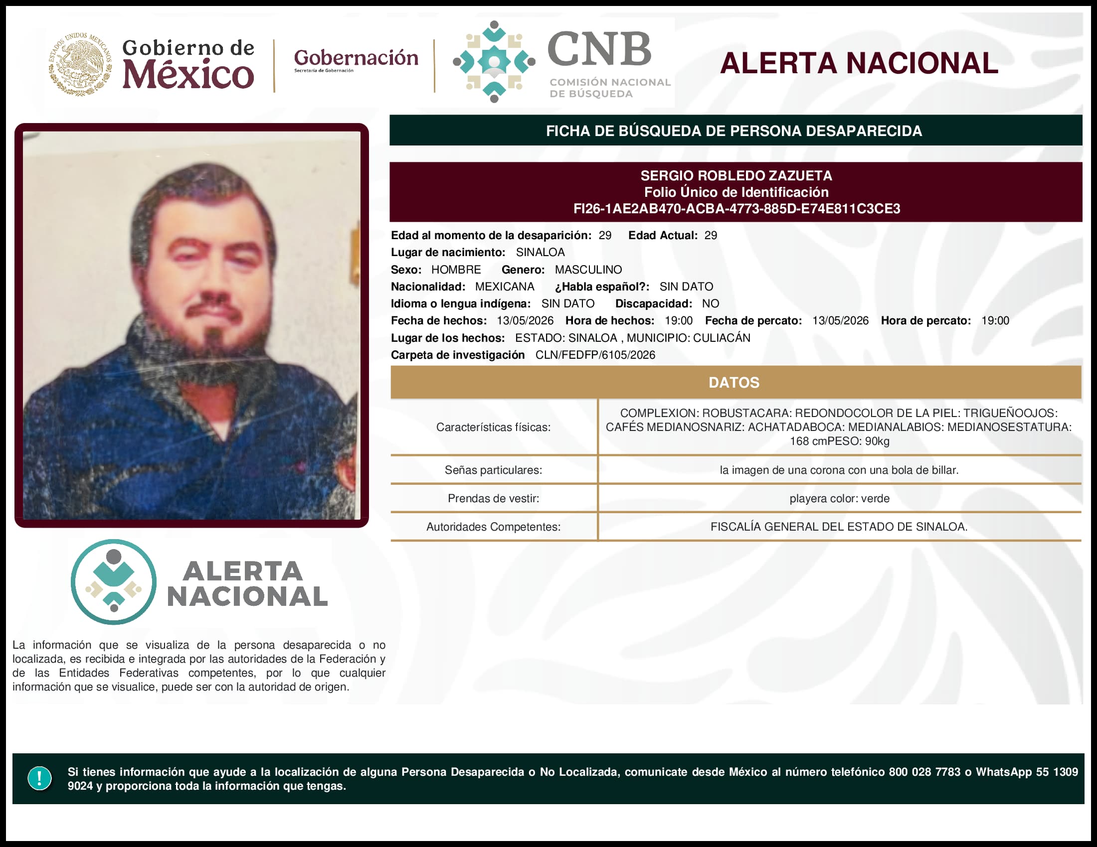 Persona desaparecida Sergio Robledo Zazueta