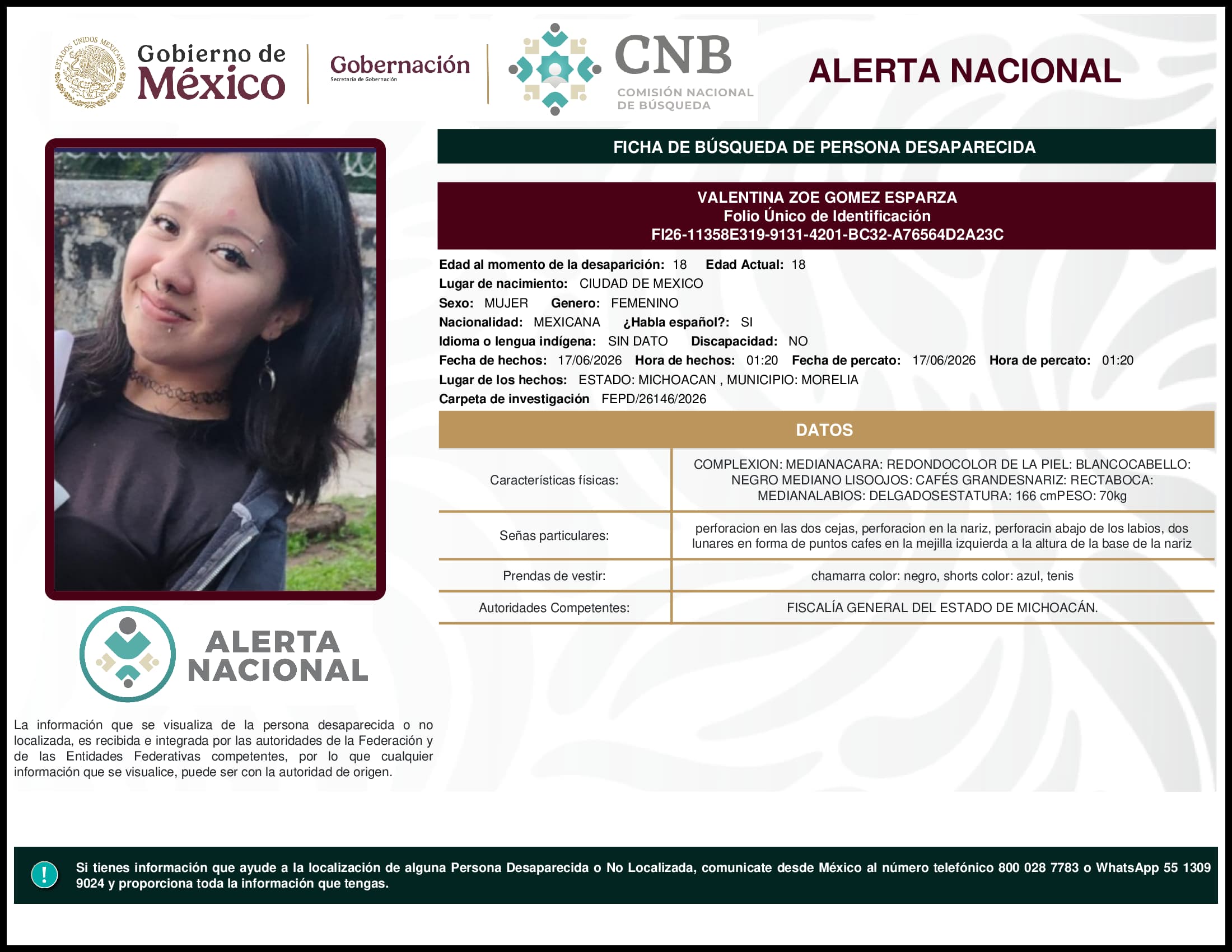 Persona desaparecida Valentina Zoe Gomez Esparza
