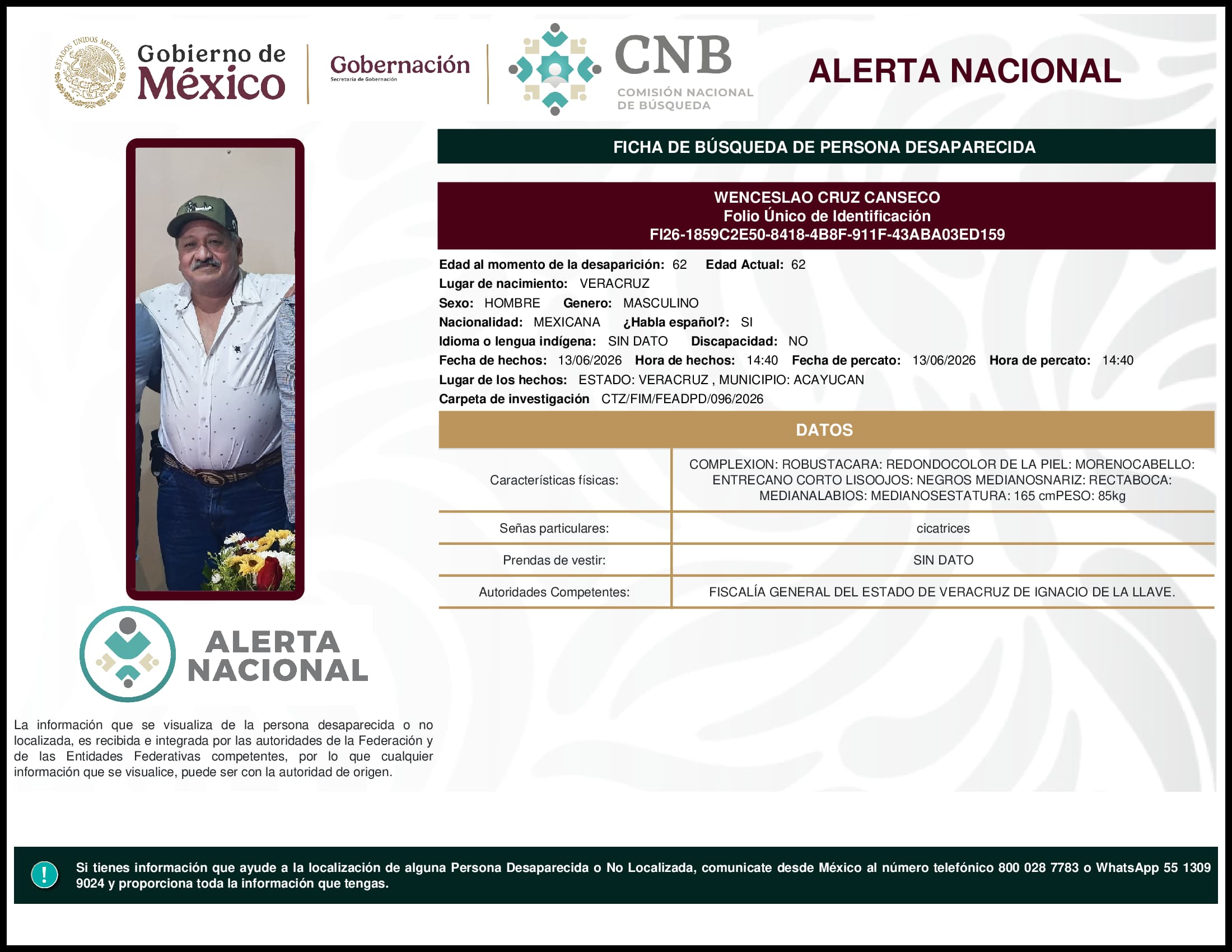 Persona desaparecida Wenceslao Cruz Canseco