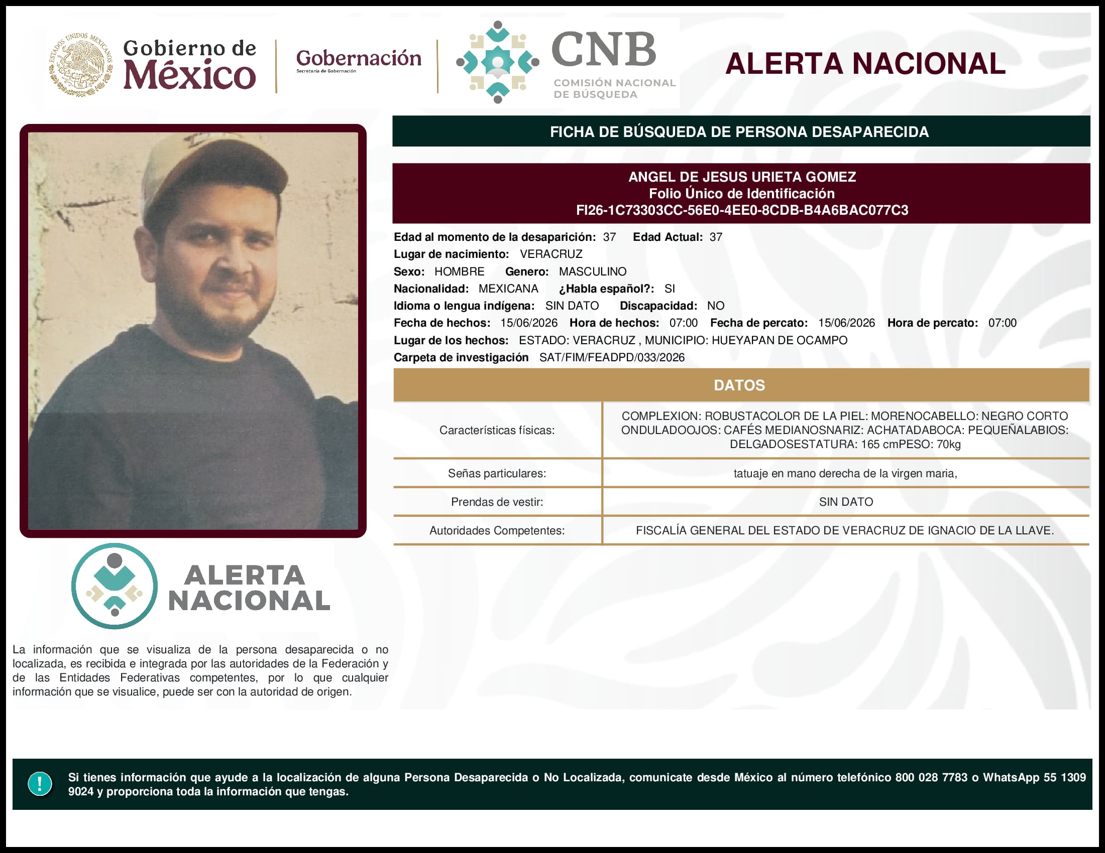 Persona desaparecida Angel De Jesus Urieta Gomez