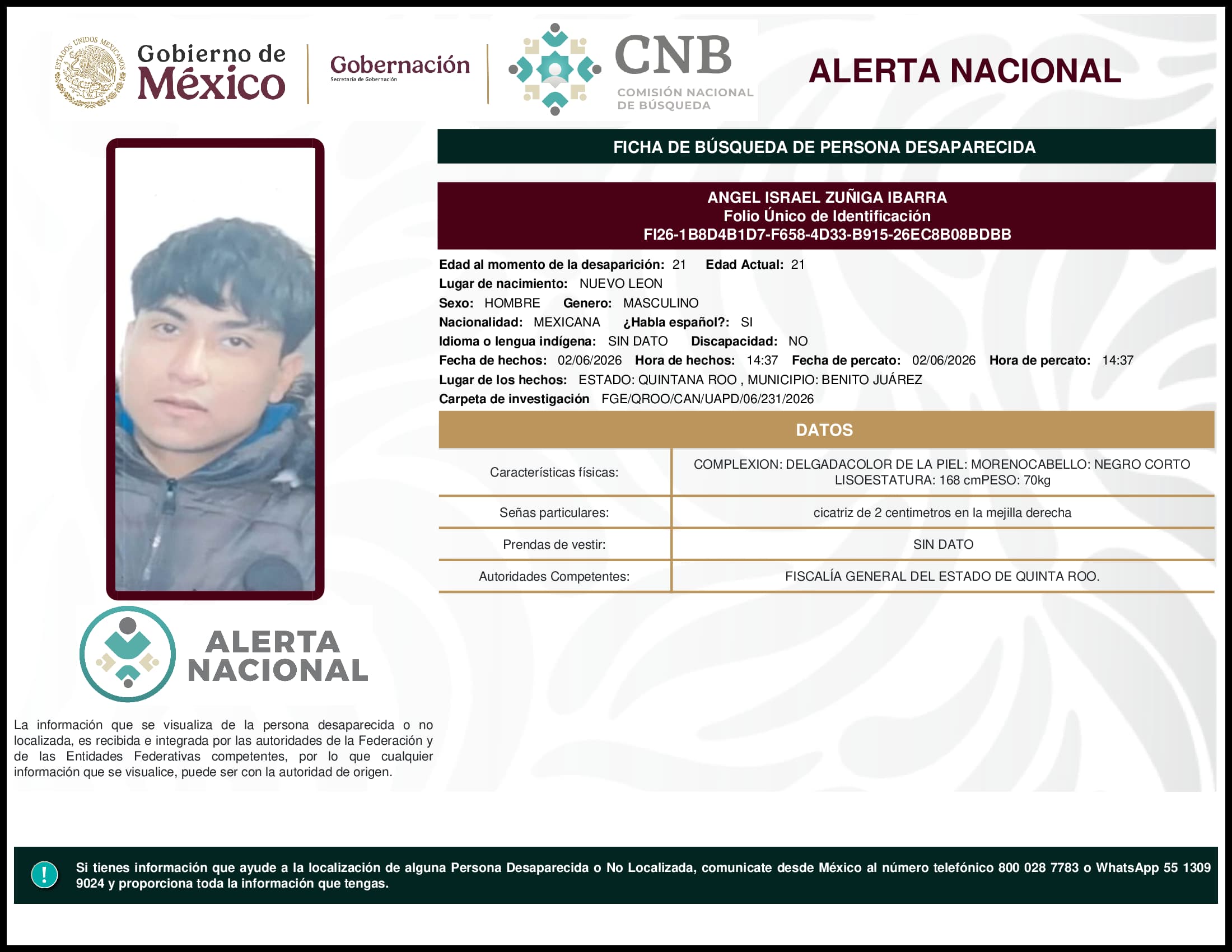 Persona desaparecida Angel Israel Zuniga Ibarra