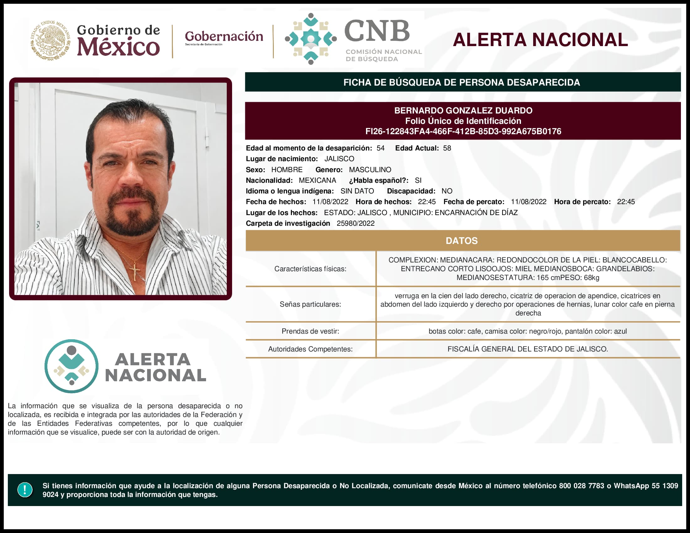 Persona desaparecida Bernardo Gonzalez Duardo