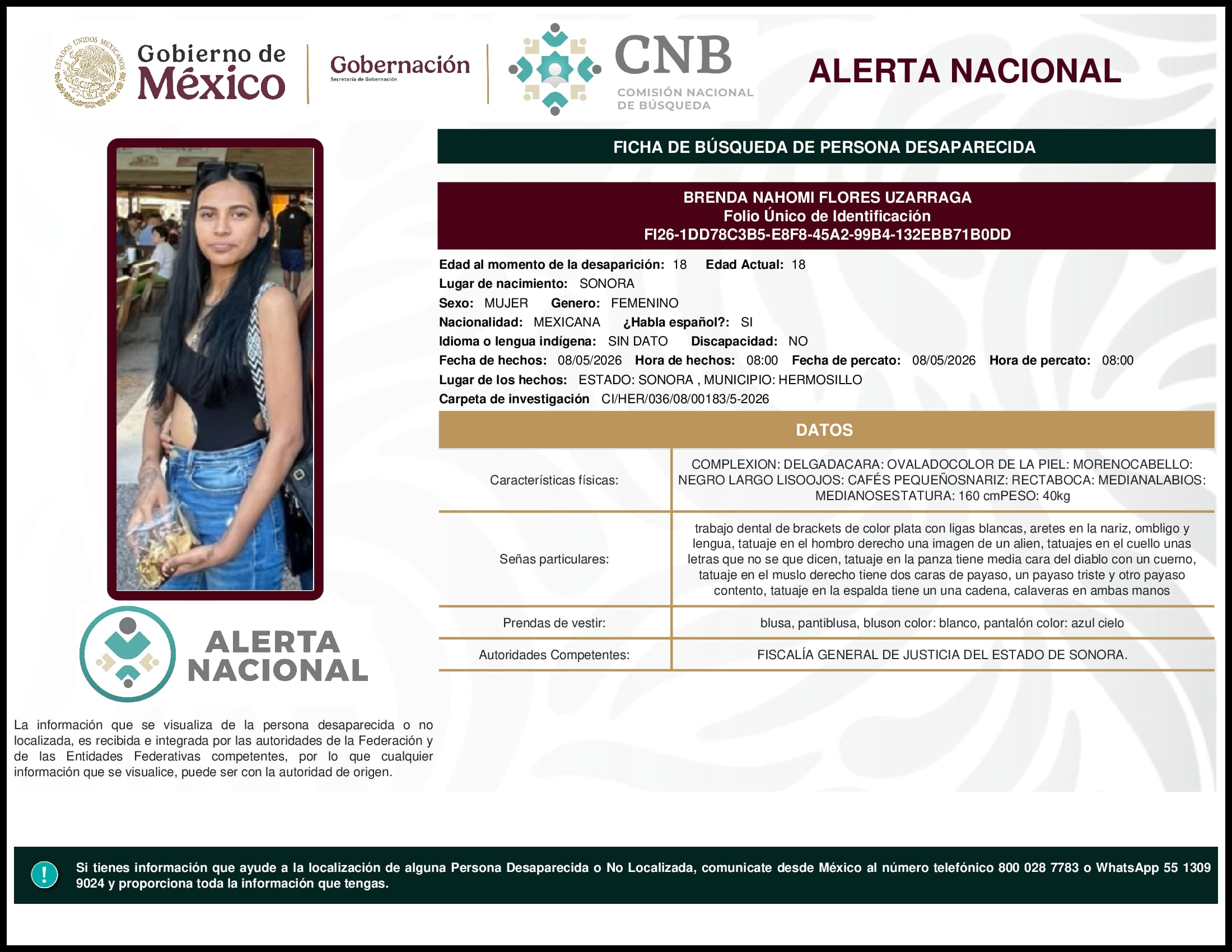 Persona desaparecida Brenda Nahomi Flores Uzarraga